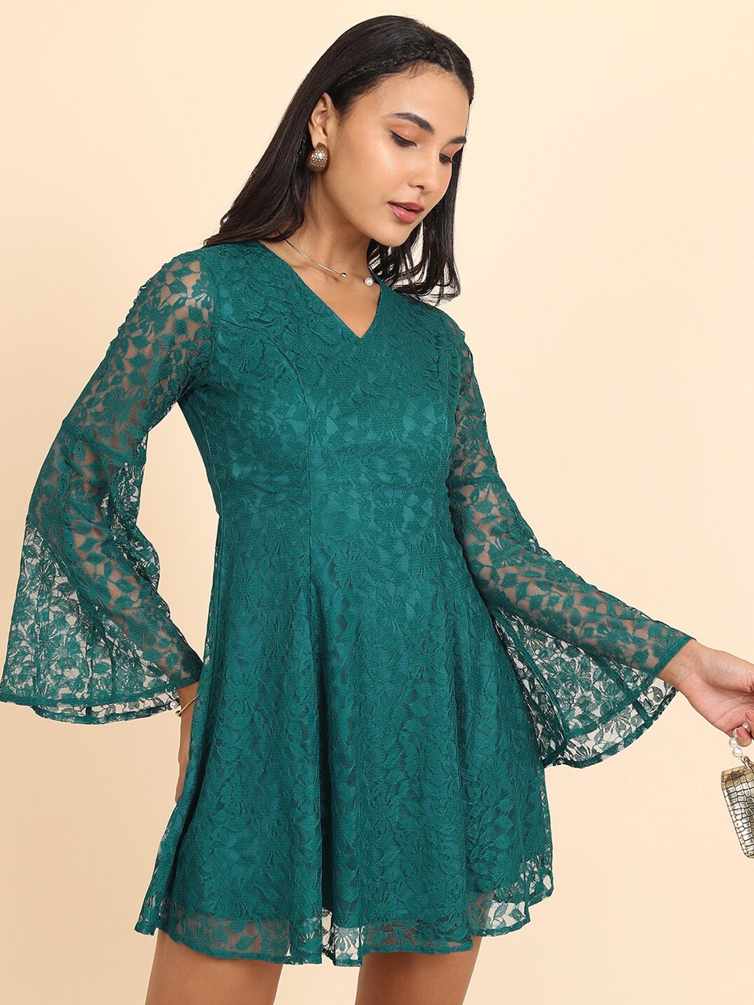 Tokyo Talkies Teal Green Self Design Lace Inserts Bell Sleeves Fit & Flare Mini Dress
Tokyo Talkies Teal Green Self Design Lace Inserts Bell Sleeves Fit & Flare Mini Dress