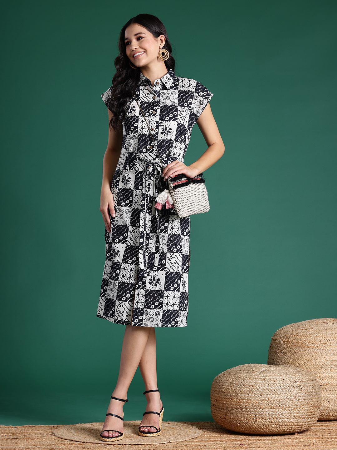 Sangria Pure Cotton Monochrome Ethnic Print Shirt Style Midi Ethnic Dress with Belt, Black
Sangria Pure Cotton Monochrome Ethnic Print Shirt Style Midi Ethnic Dress with Belt, Black