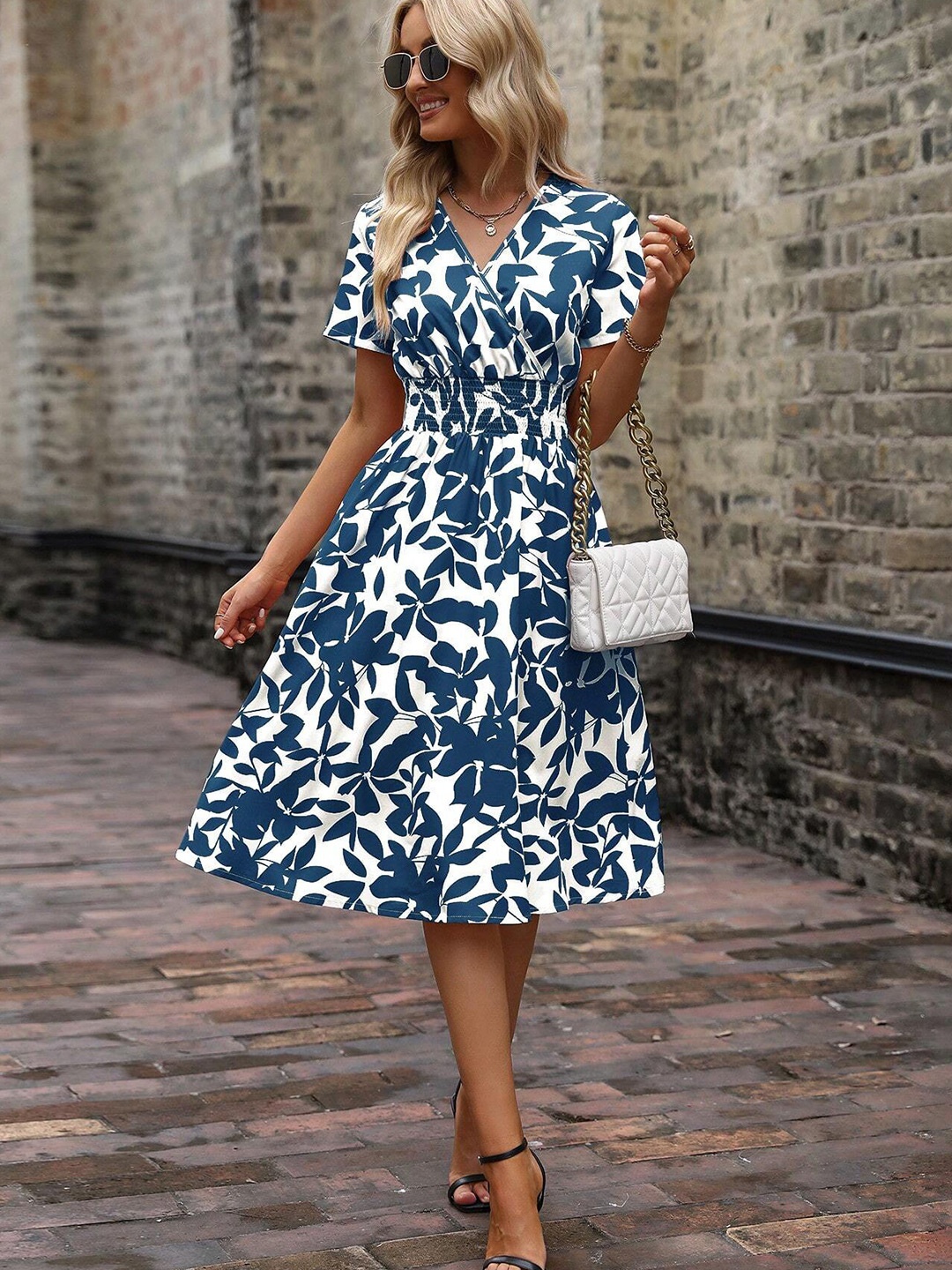 SHEETAL Associates Floral Printed V-Neck Smocked Fit & Flare Dress, Navy blue