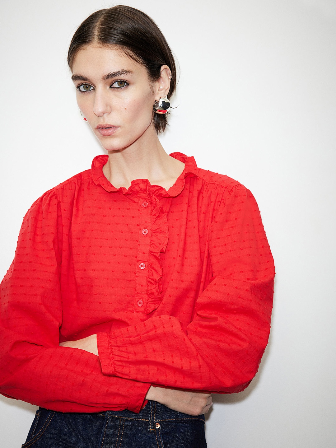 H&M Pure Cotton Frill-Trimmed Pop-Over Blouse, Red