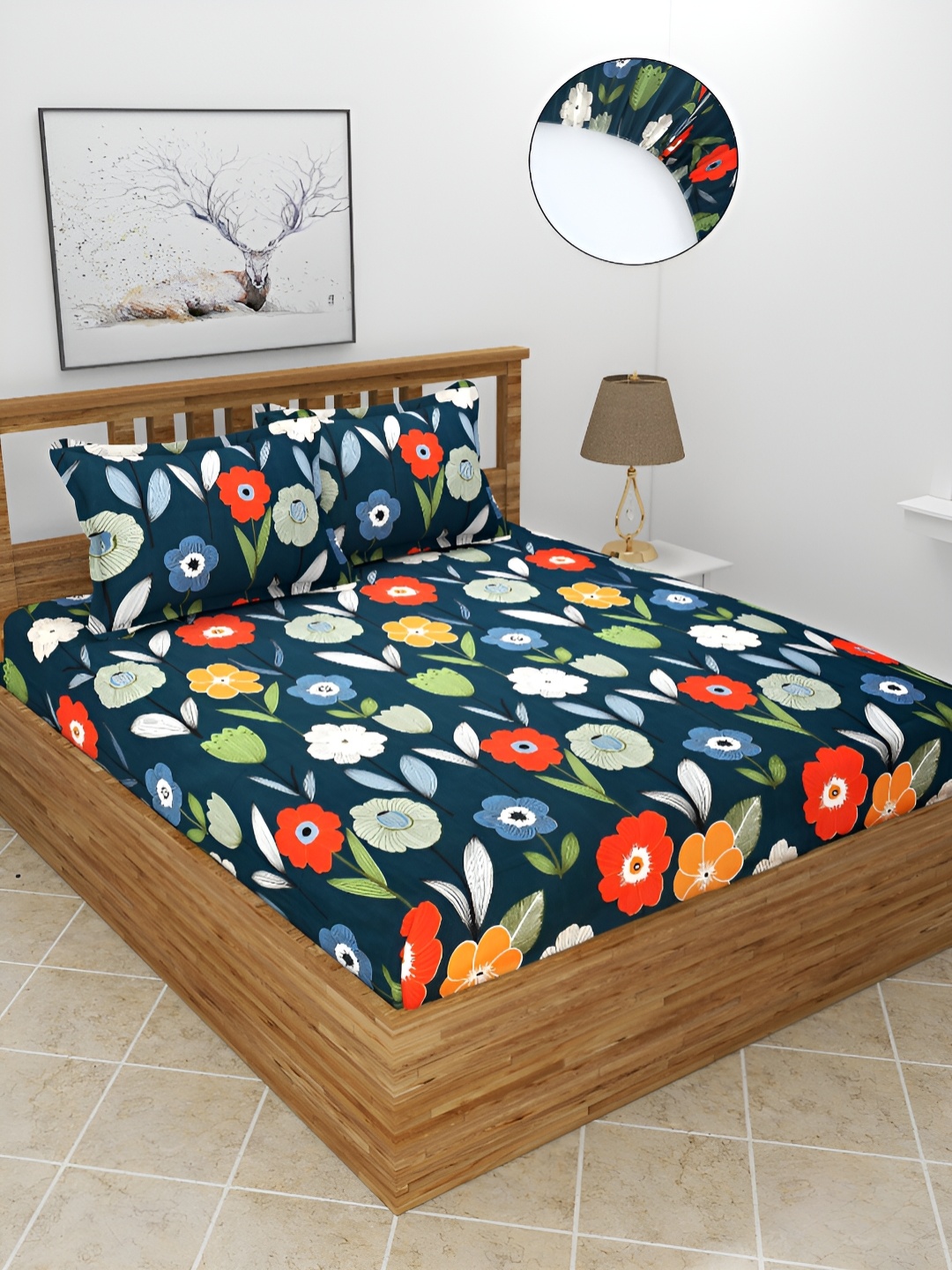 BREVARD Blue & White Floral 210 TC Queen Fitted Bedsheet with 2 Pillow Covers
