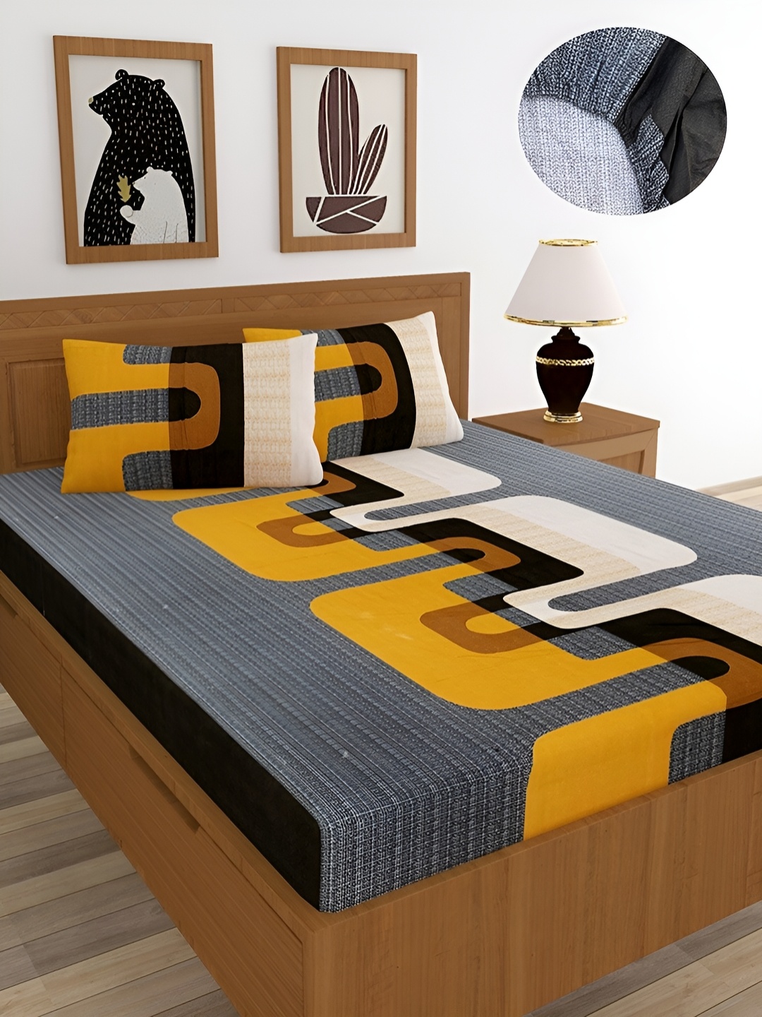 BREVARD Yellow & Grey Abstract Cotton 210 TC Fitted Queen Bedsheet With 2 Pillow Covers
BREVARD Yellow & Grey Abstract Cotton 210 TC Fitted Queen Bedsheet With 2 Pillow Covers