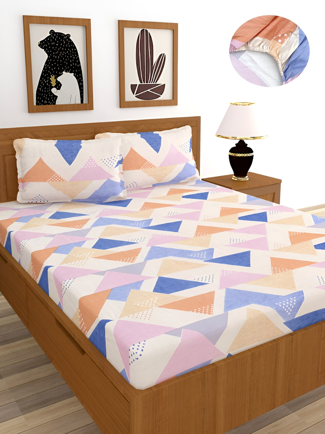 BREVARD White & Blue Geometric 210 TC Fitted King Bedsheet With 2 Pillow Covers
BREVARD White & Blue Geometric 210 TC Fitted King Bedsheet With 2 Pillow Covers