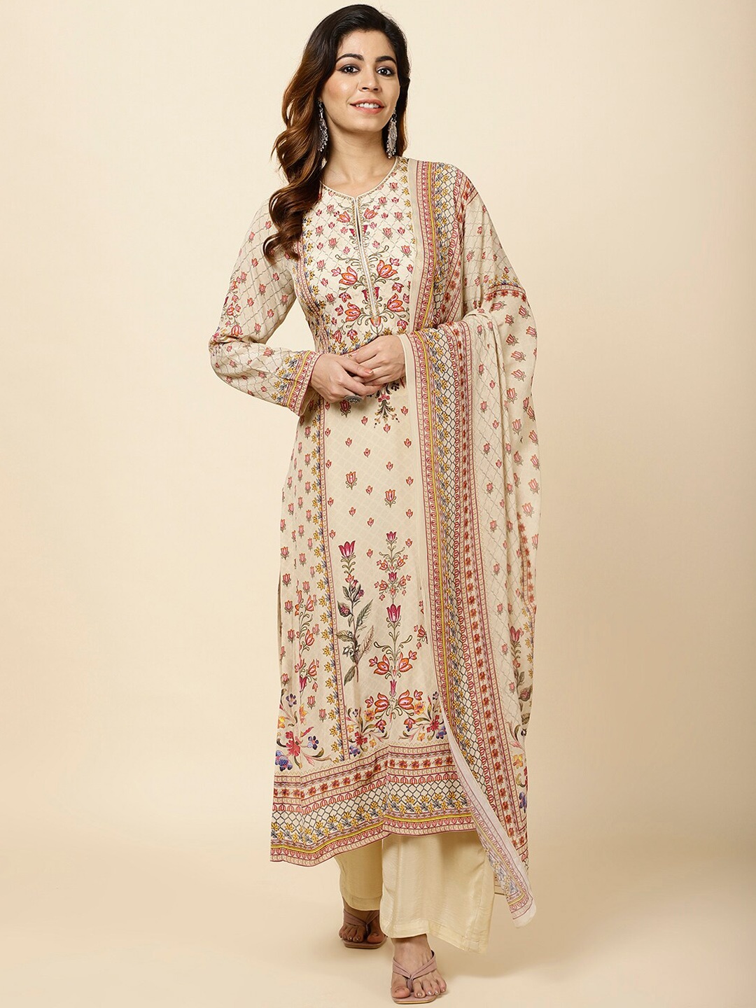 Meena Bazaar Floral Printed A-Line Kurta With Palazzos & Dupatta, Beige