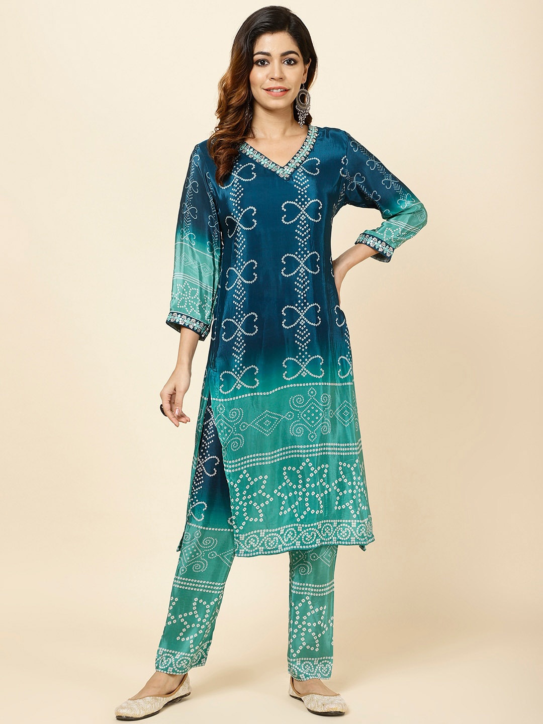 Meena Bazaar Bandhani Printed Mirror Work Kurta With Trousers, Teal