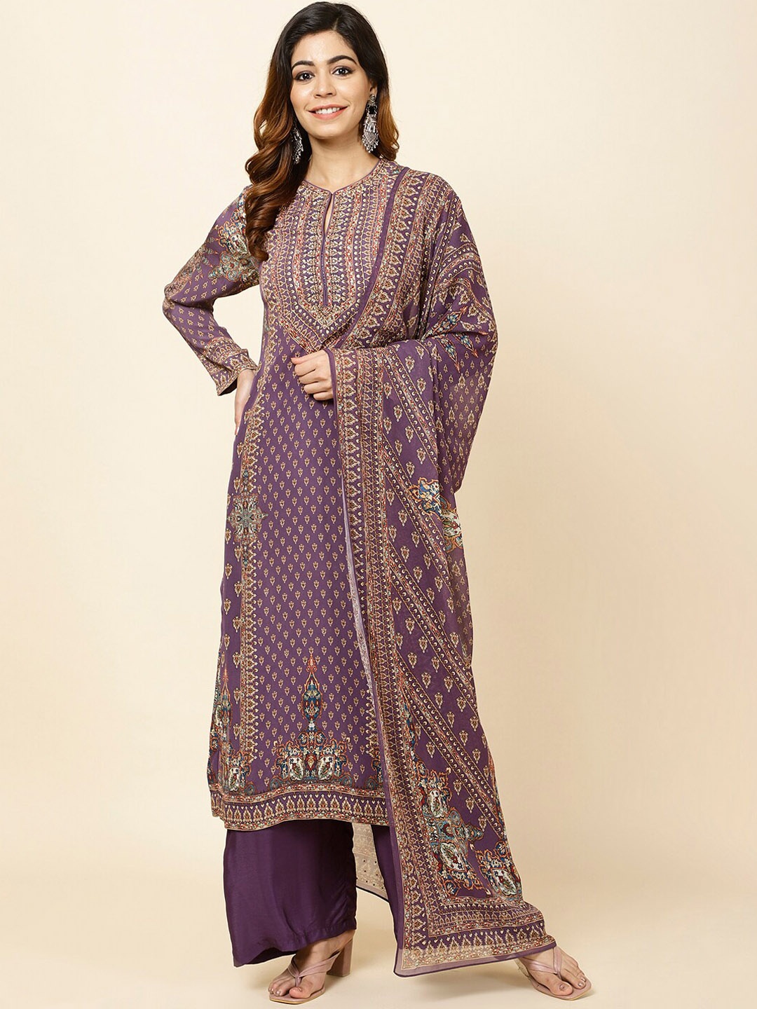 Meena Bazaar Ethnic Motifs Printed Straight Kurta With Palazzos & Dupatta, Purple