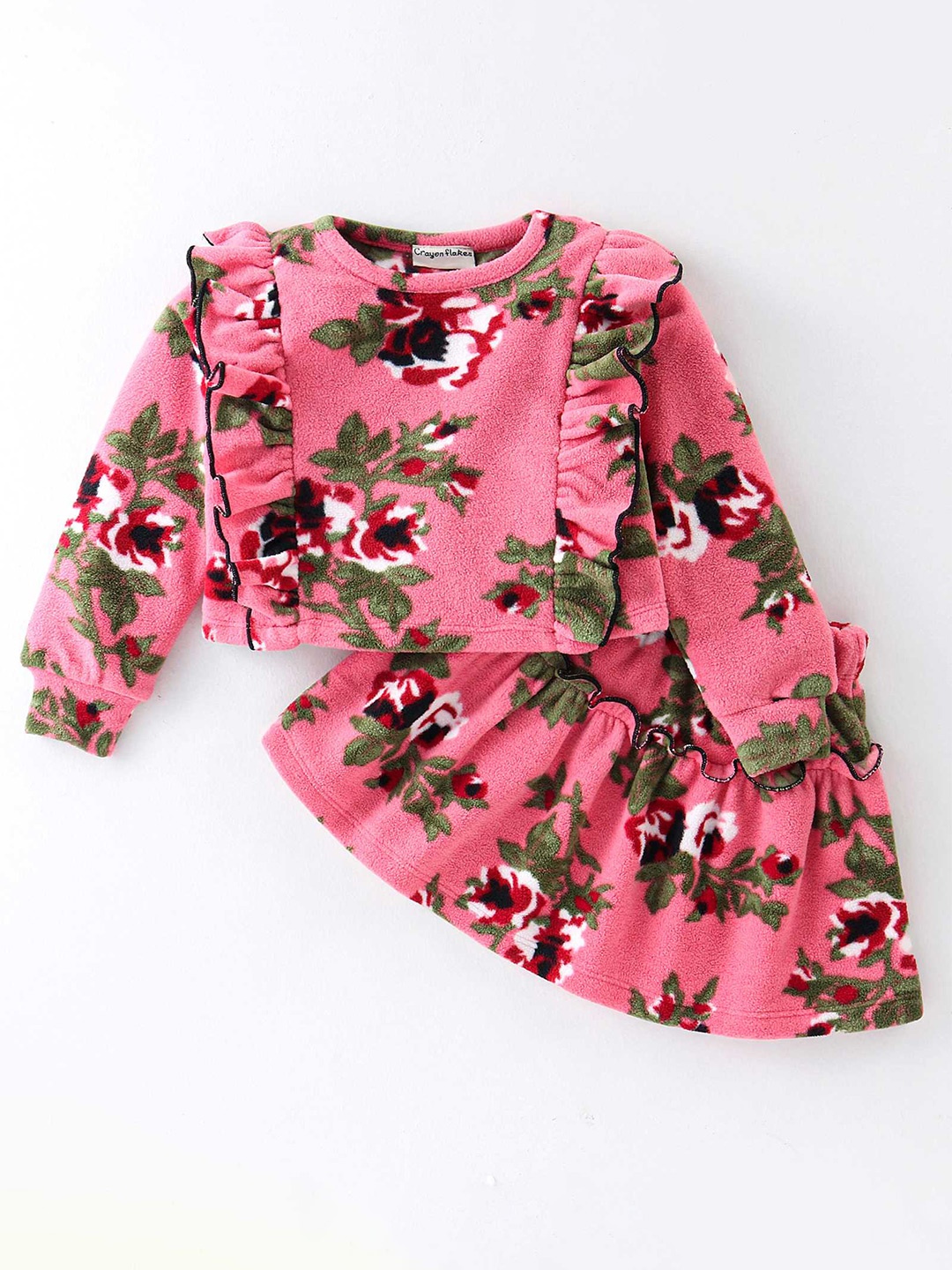 CrayonFlakes Girls Floral Printed Fleece Top with Skirt, Pink
