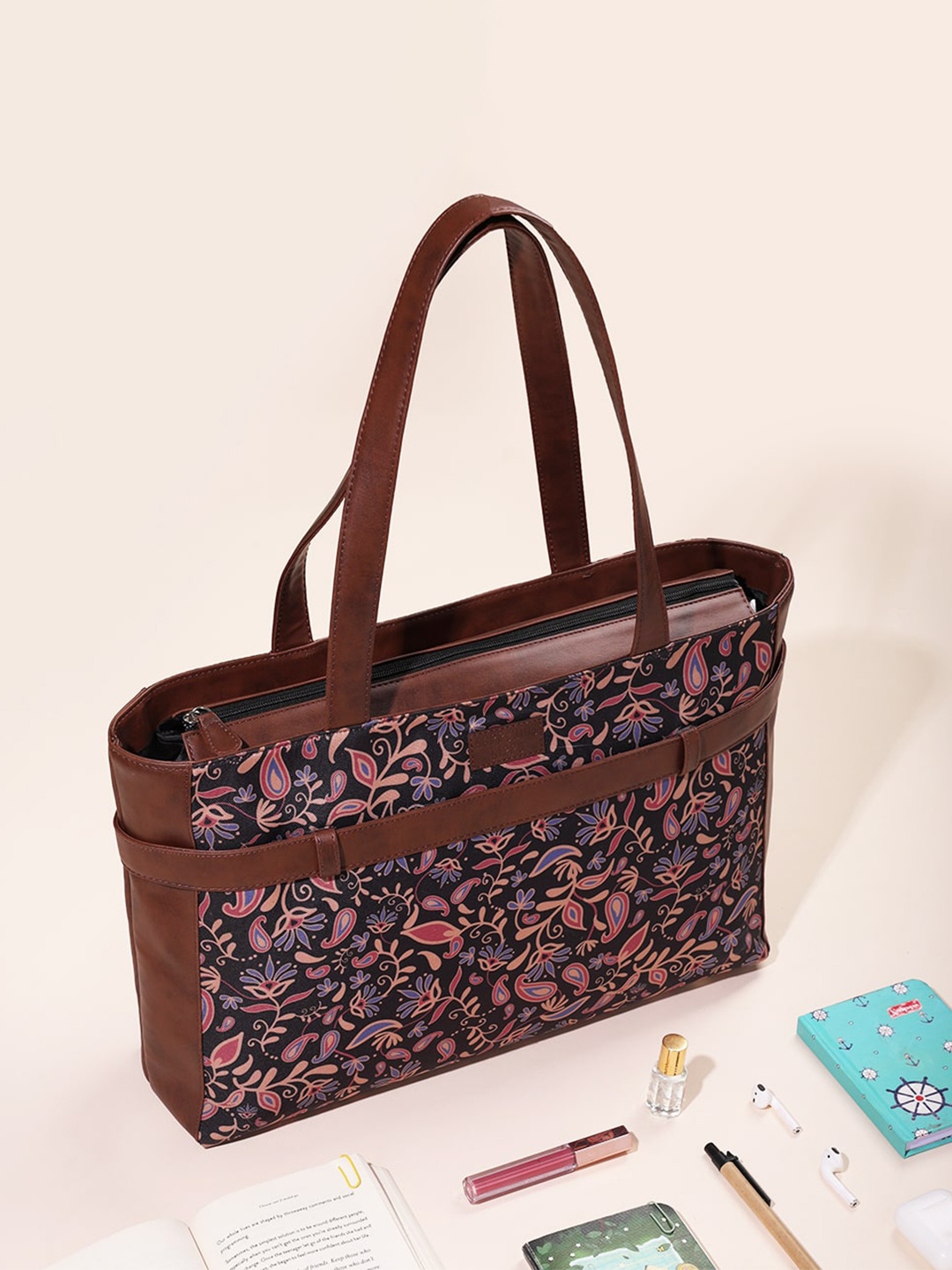 Happening Hippo Women Floral Printed Laptop Bag Up to 15 inch, Brown