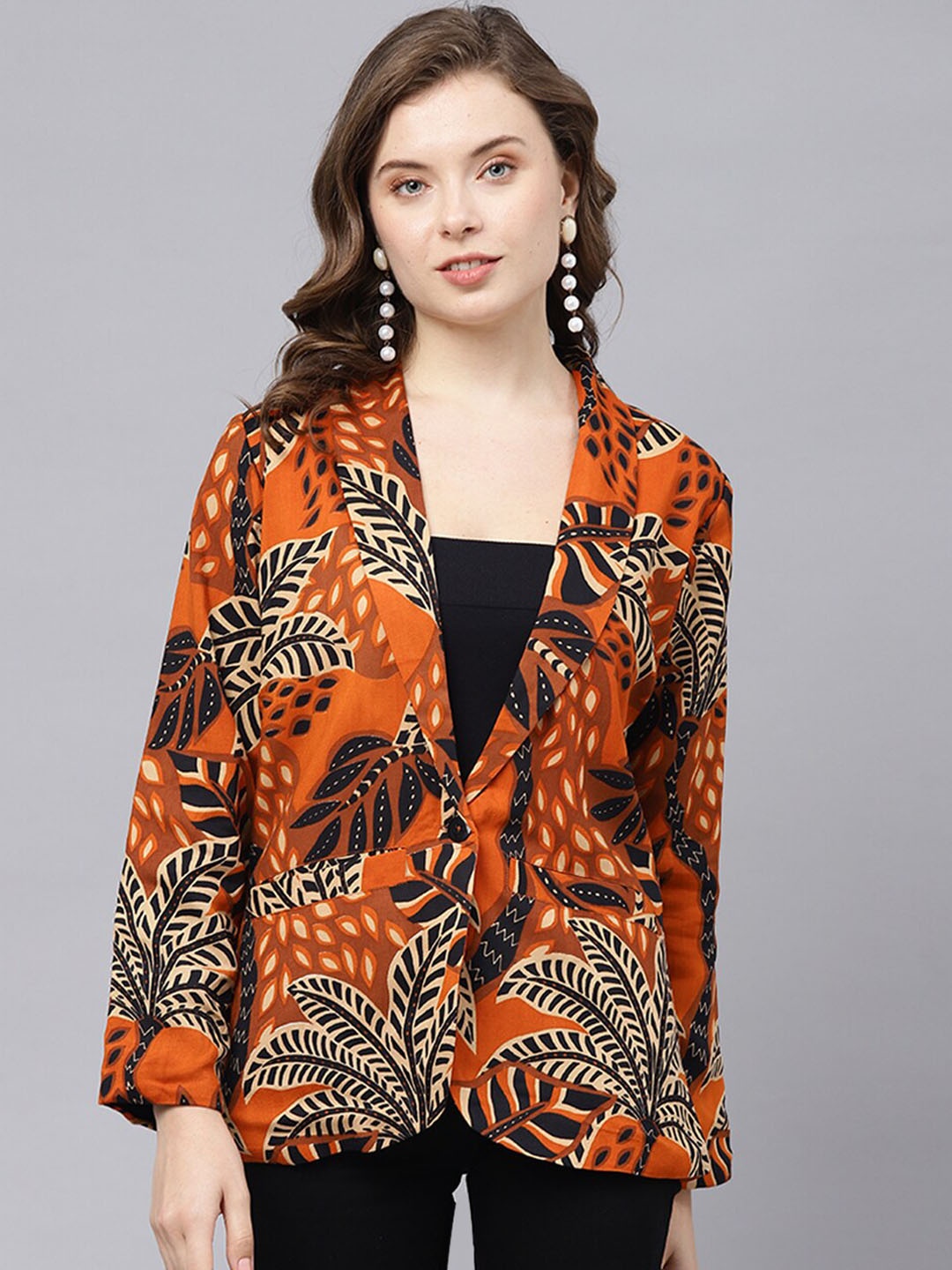 DEEBACO Tropical Printed Shawl Collar Blazer, Brown