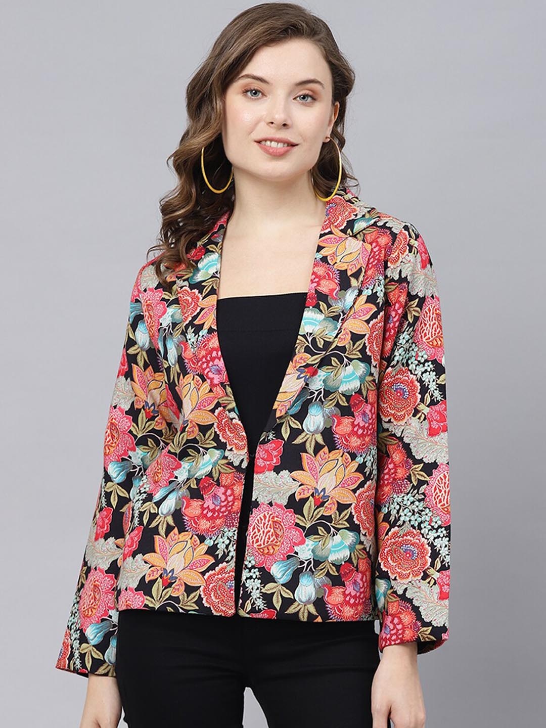 DEEBACO Floral Printed Notch Lapel Collar Blazer, Black