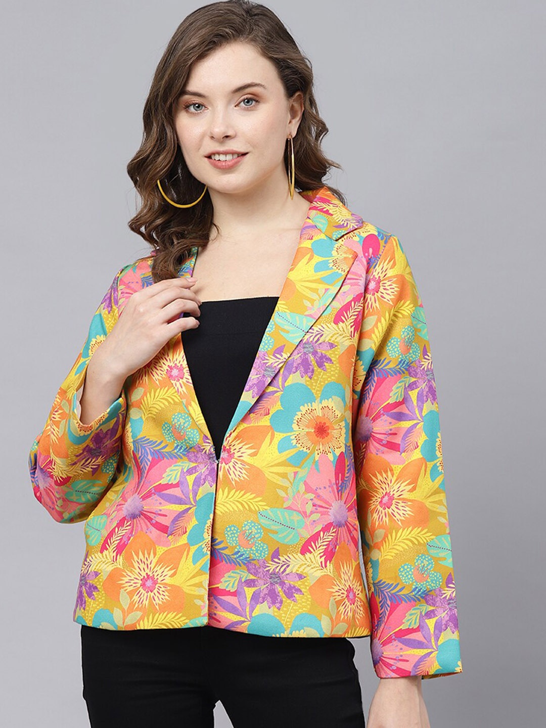 DEEBACO Floral Rayon Notch Lapel Collar Blazer, Yellow