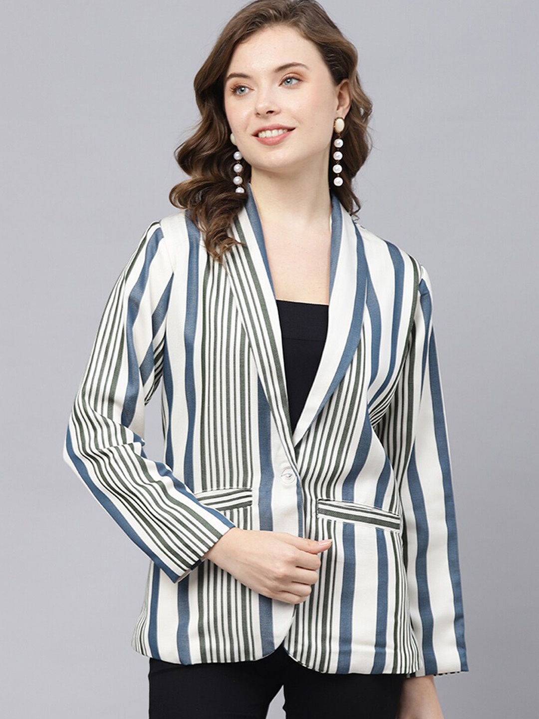 DEEBACO Stripes Print Rayon Shawl Collar Blazer, White