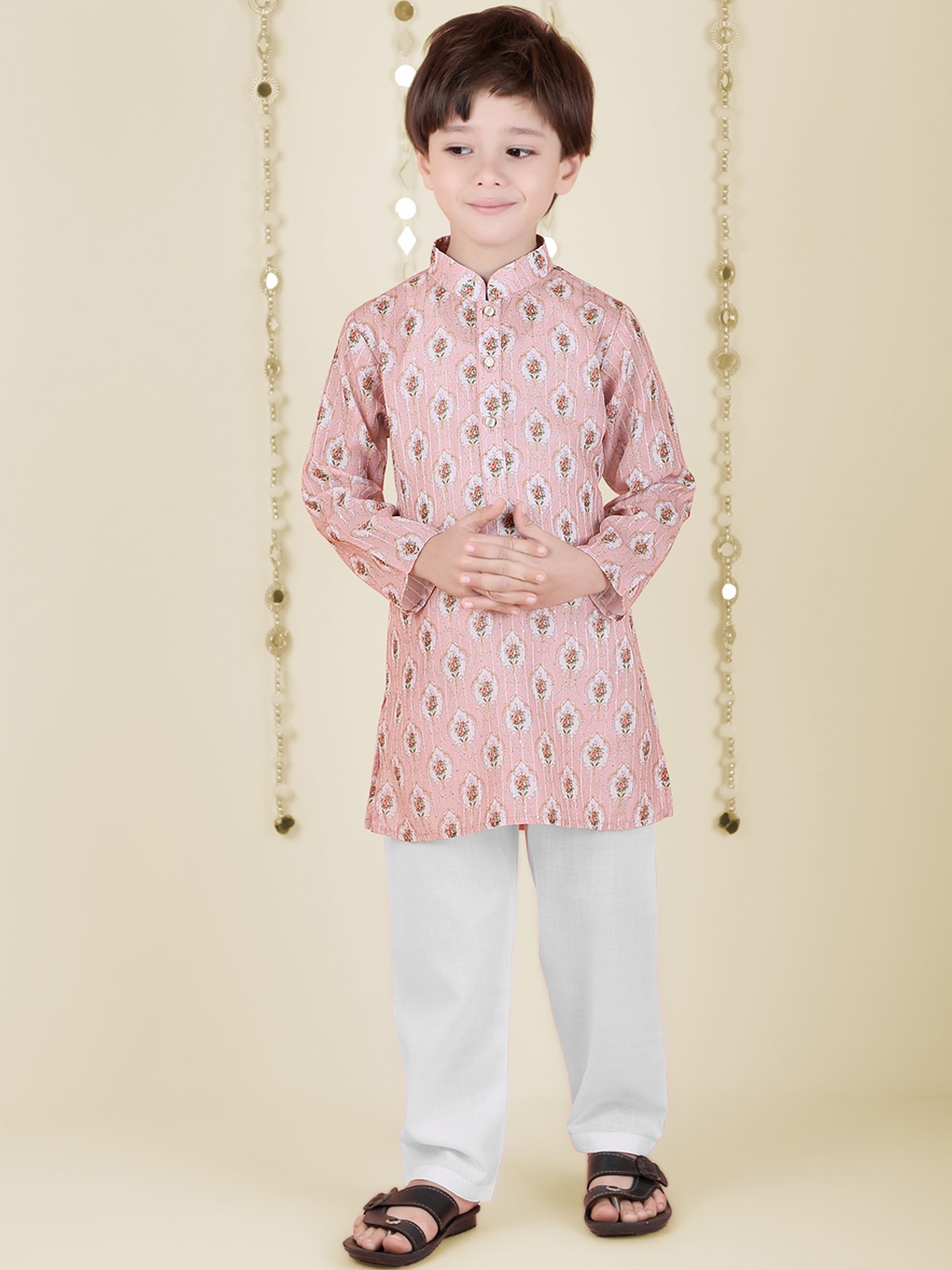KIDS FARM Boys Ethnic Motifs Printed Mandarin Collar Sequined Kurta With Pyjamas, Pink
KIDS FARM Boys Ethnic Motifs Printed Mandarin Collar Sequined Kurta With Pyjamas, Pink
