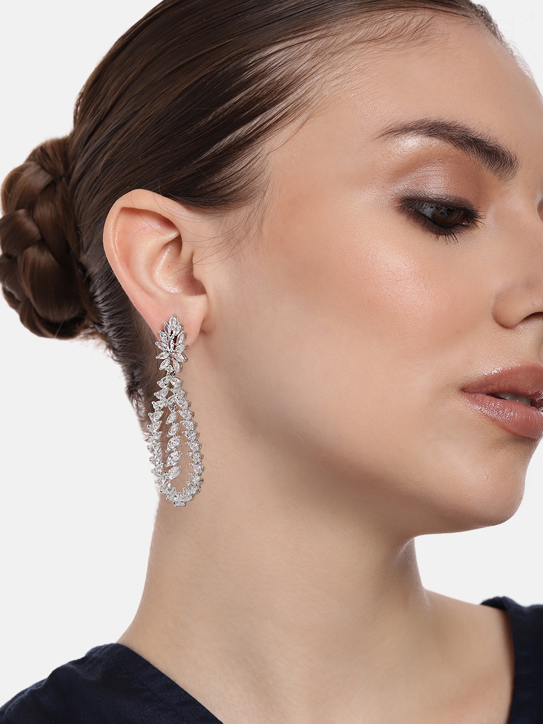Estele Rhodium-Plated Cubic Zirconia Stone-Studded Contemporary Brass Drop Earrings, Silver
Estele Rhodium-Plated Cubic Zirconia Stone-Studded Contemporary Brass Drop Earrings, Silver