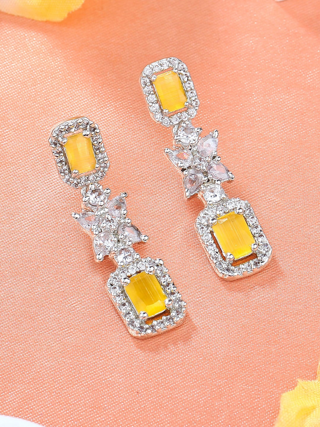 Estele Rhodium-Plated Cubic Zirconia Stone-Studded Contemporary Brass Drop Earrings, Silver
Estele Rhodium-Plated Cubic Zirconia Stone-Studded Contemporary Brass Drop Earrings, Silver