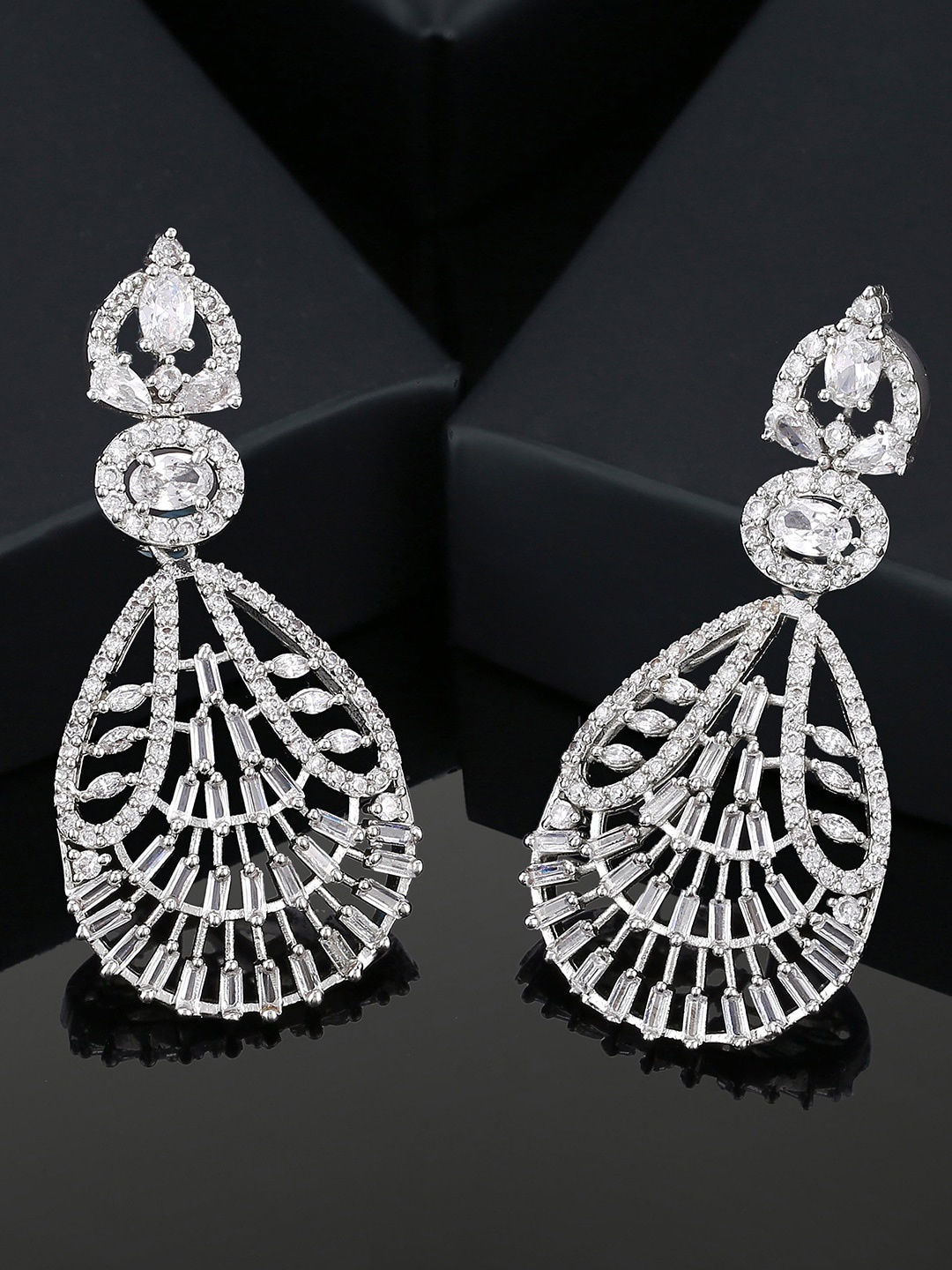 Estele Rhodium-Plated Cubic Zirconia Stone-Studded Contemporary Brass Drop Earrings, Silver
Estele Rhodium-Plated Cubic Zirconia Stone-Studded Contemporary Brass Drop Earrings, Silver