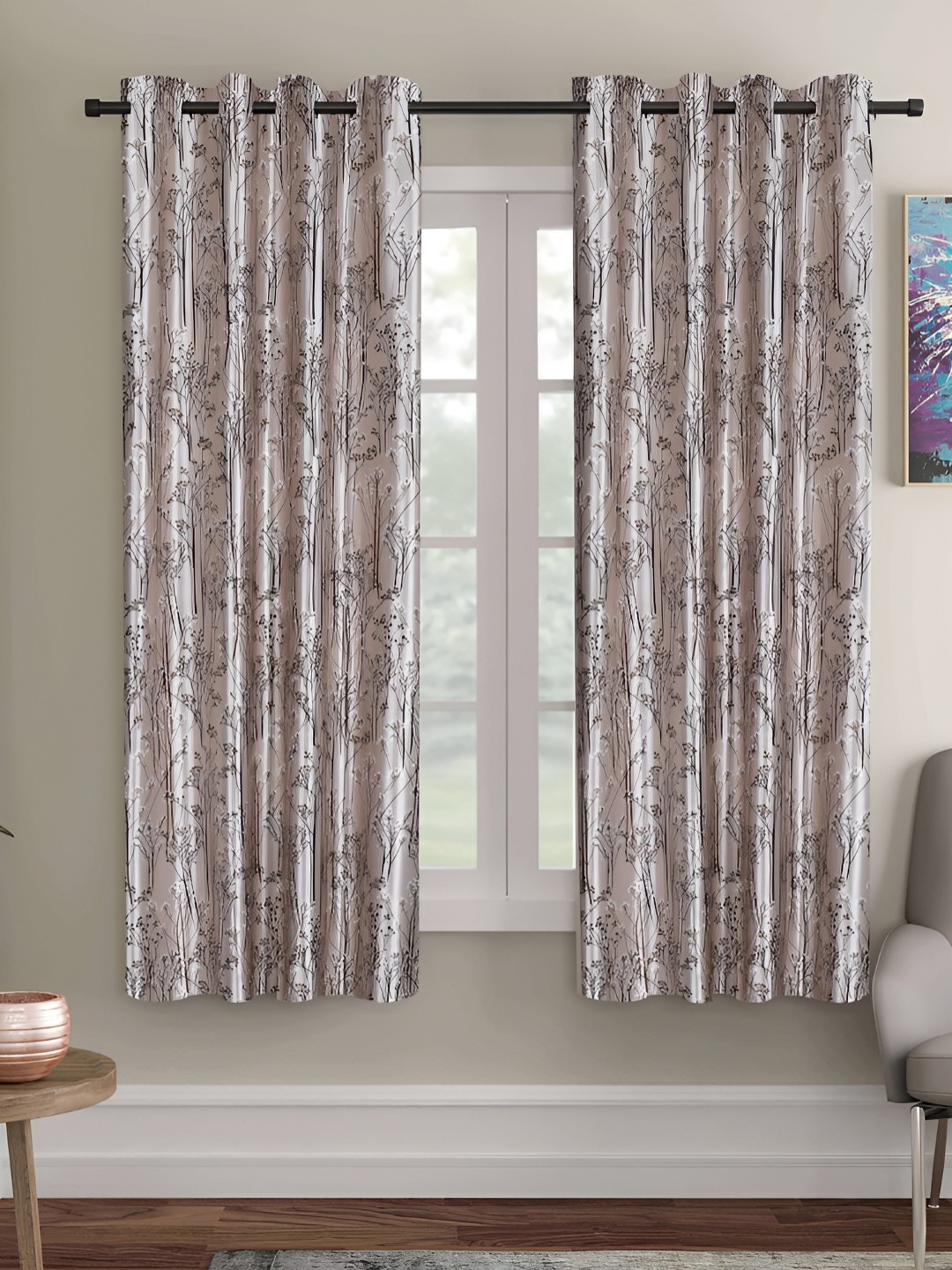 ERIC LONDON Brown & White 2 Pieces Floral Printed Room Darkening Window Curtains