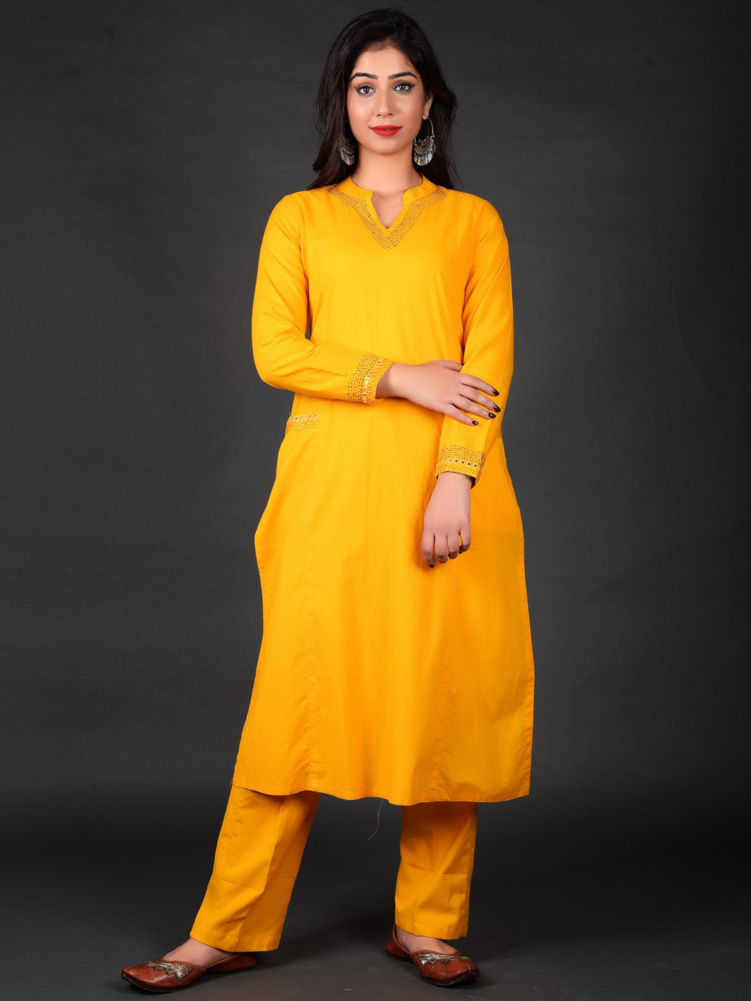 Jaipuriya Fab Private Limited Geometric Embroidered Mirror Work Cotton Kurta With Palazzos, Yellow
Jaipuriya Fab Private Limited Geometric Embroidered Mirror Work Cotton Kurta With Palazzos, Yellow
