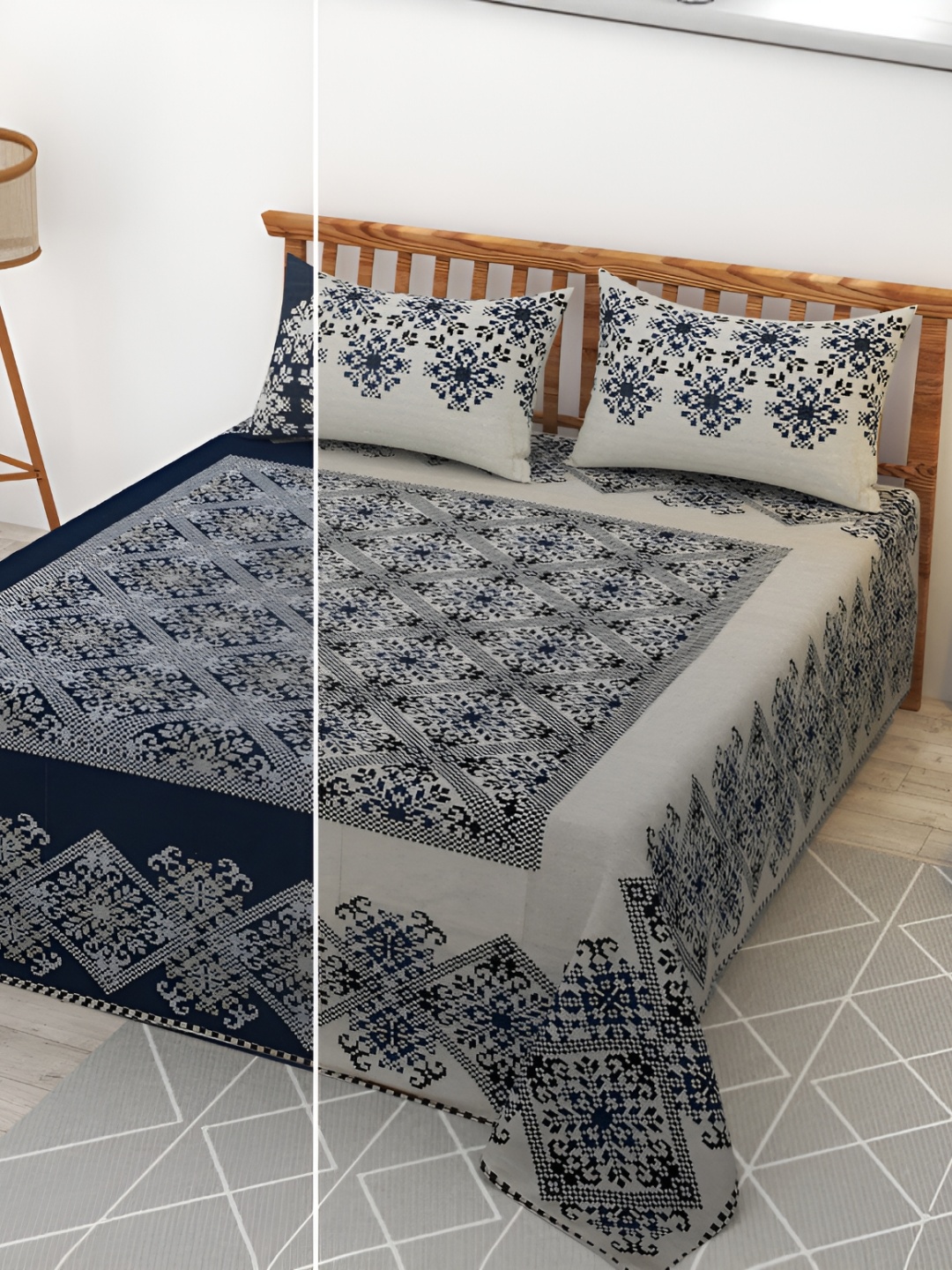 Kritarth Handicrafts Blue Geometric Reversible 300 TC Queen Bedsheet with 2 Pillow Covers
Kritarth Handicrafts Blue Geometric Reversible 300 TC Queen Bedsheet with 2 Pillow Covers