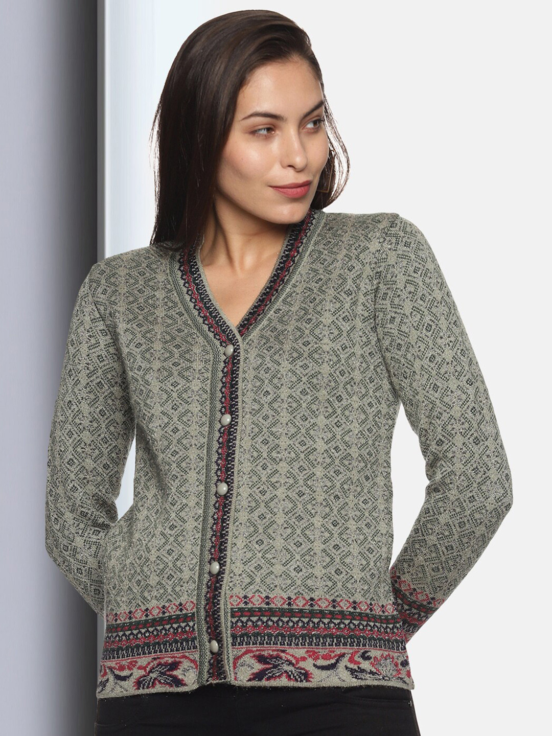 CLAPTON Geometric Printed V-Neck Wool Cardigan Sweater, Green 
CLAPTON Geometric Printed V-Neck Wool Cardigan Sweater, Green