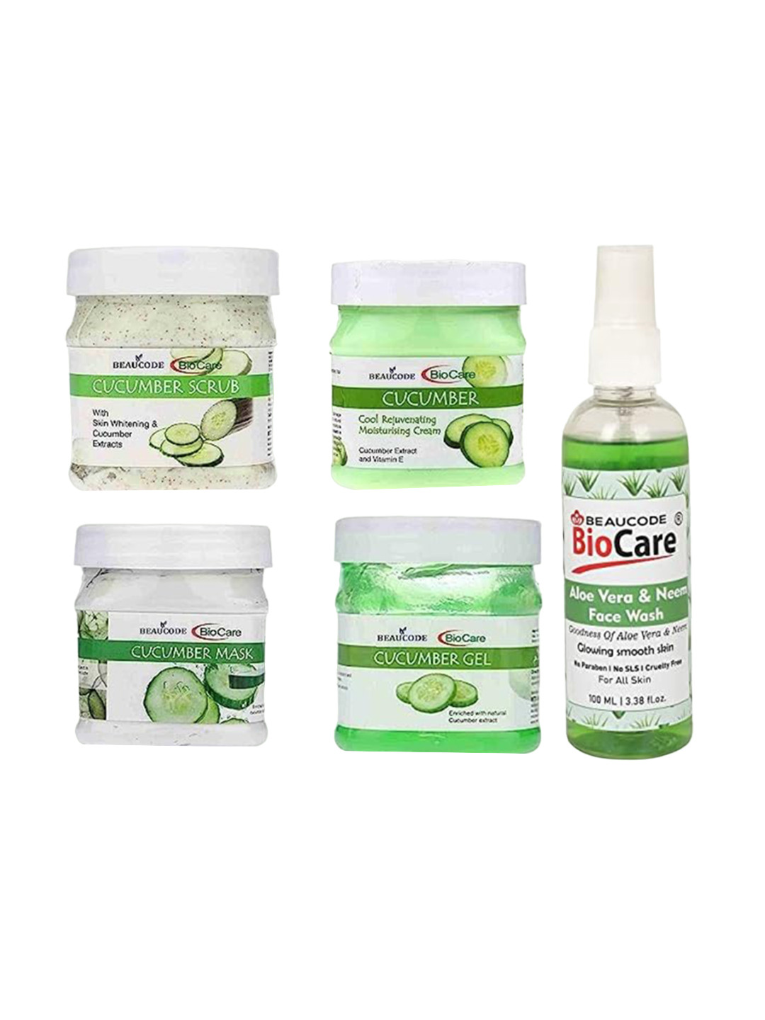 BEAUCODE BIOCARE Set Of 5 Cucumber Scrub+Cream+Mask+Gel & Aloe Vera Neem Face Wash, White
BEAUCODE BIOCARE Set Of 5 Cucumber Scrub+Cream+Mask+Gel & Aloe Vera Neem Face Wash, White