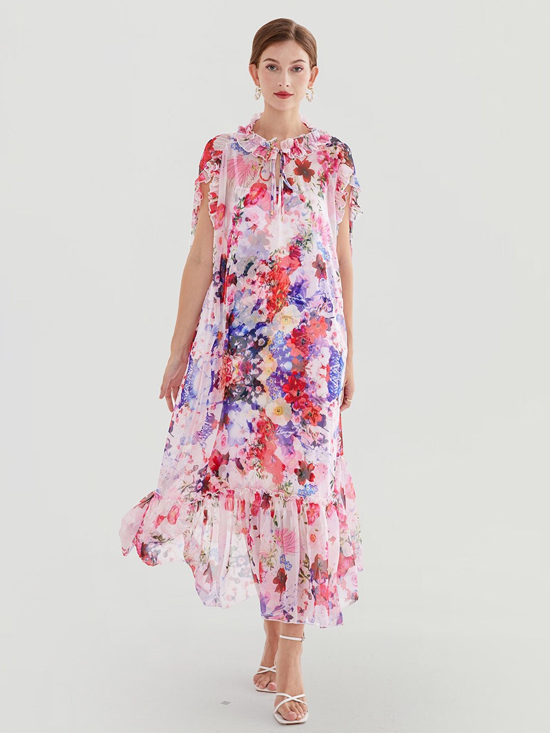 JC Collection Floral Printed Tie-Up Neck Flutter Sleeve Ruffles & Tiered A-Line Midi Dress, White
JC Collection Floral Printed Tie-Up Neck Flutter Sleeve Ruffles & Tiered A-Line Midi Dress, White