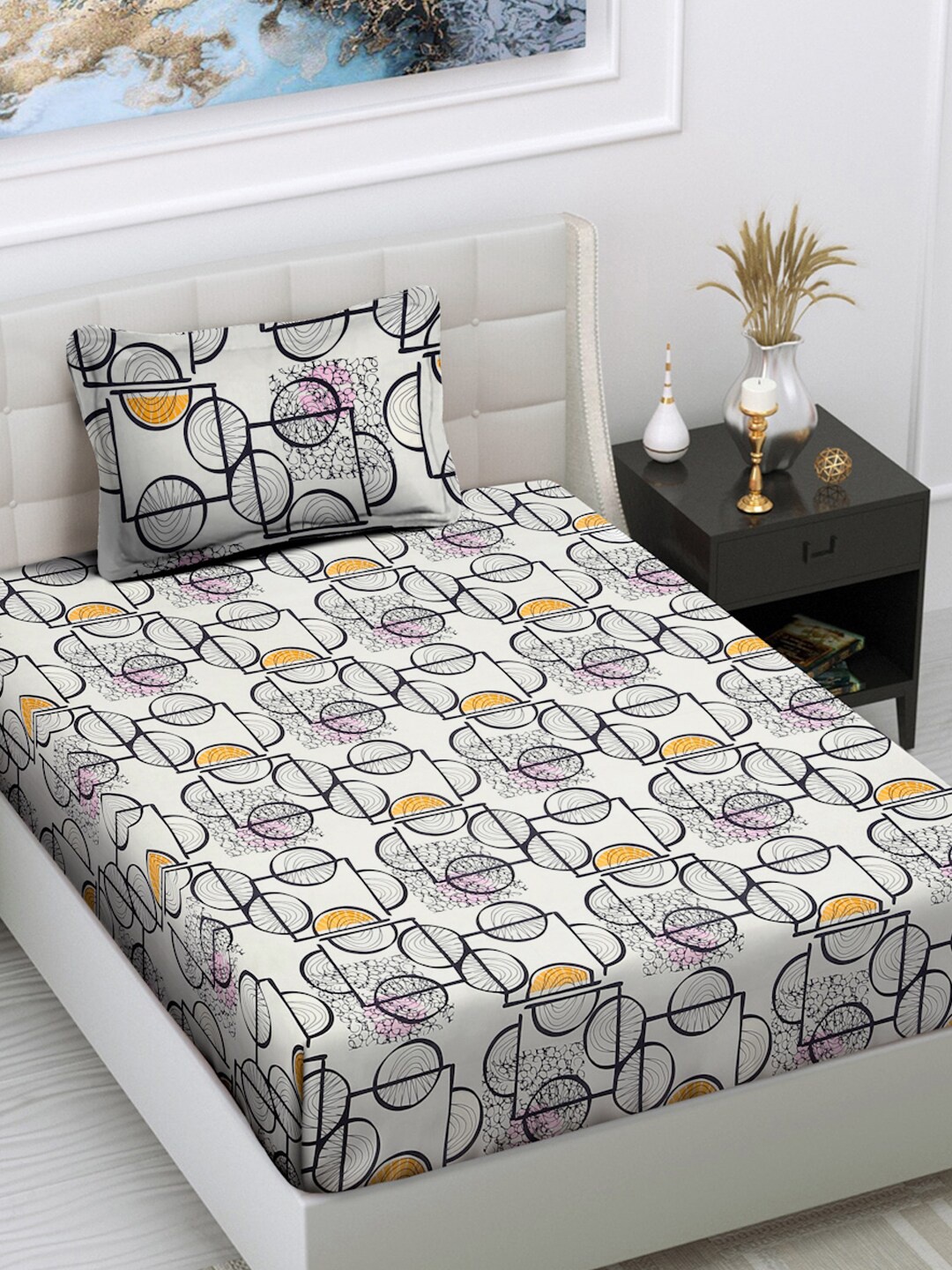 FABINALIV Offwhite Black Geometric Cotton 300 TC Single Bedsheet with 1 Pillow Cover, Off white
FABINALIV Offwhite Black Geometric Cotton 300 TC Single Bedsheet with 1 Pillow Cover, Off white