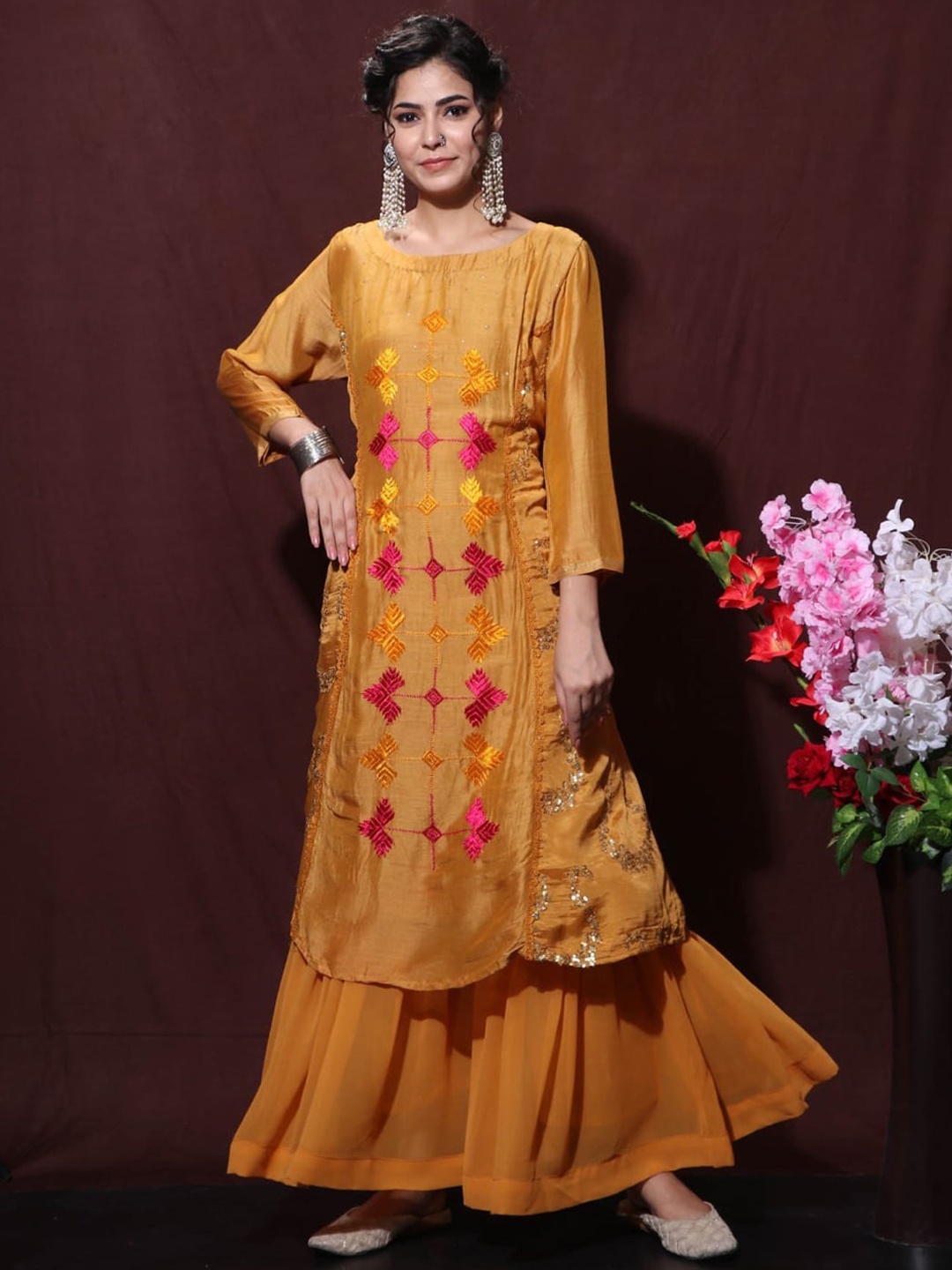 Trinjann Ethnic Motif Embroidered Pure Cotton Straight Kurta & Palazzos With Dupatta, Mustard
Trinjann Ethnic Motif Embroidered Pure Cotton Straight Kurta & Palazzos With Dupatta, Mustard