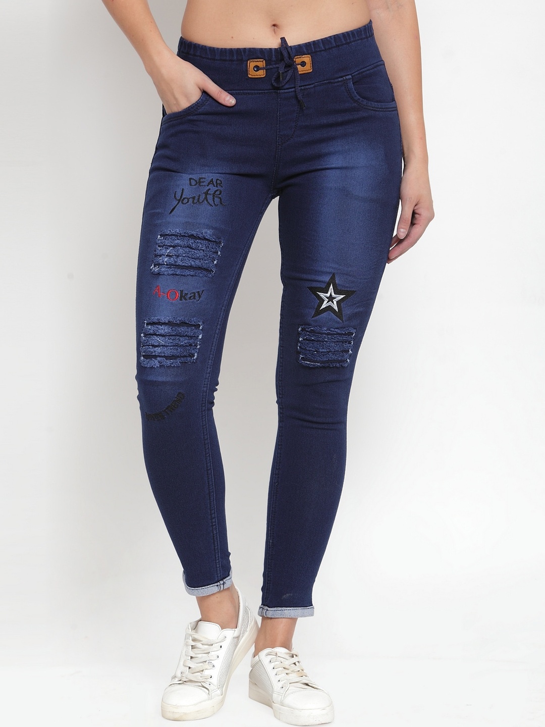 A-Okay Girls Slim Fit Mildly Distressed Light Fade Comfort Cotton Embroidered Jeans, Navy blue
A-Okay Girls Slim Fit Mildly Distressed Light Fade Comfort Cotton Embroidered Jeans, Navy blue