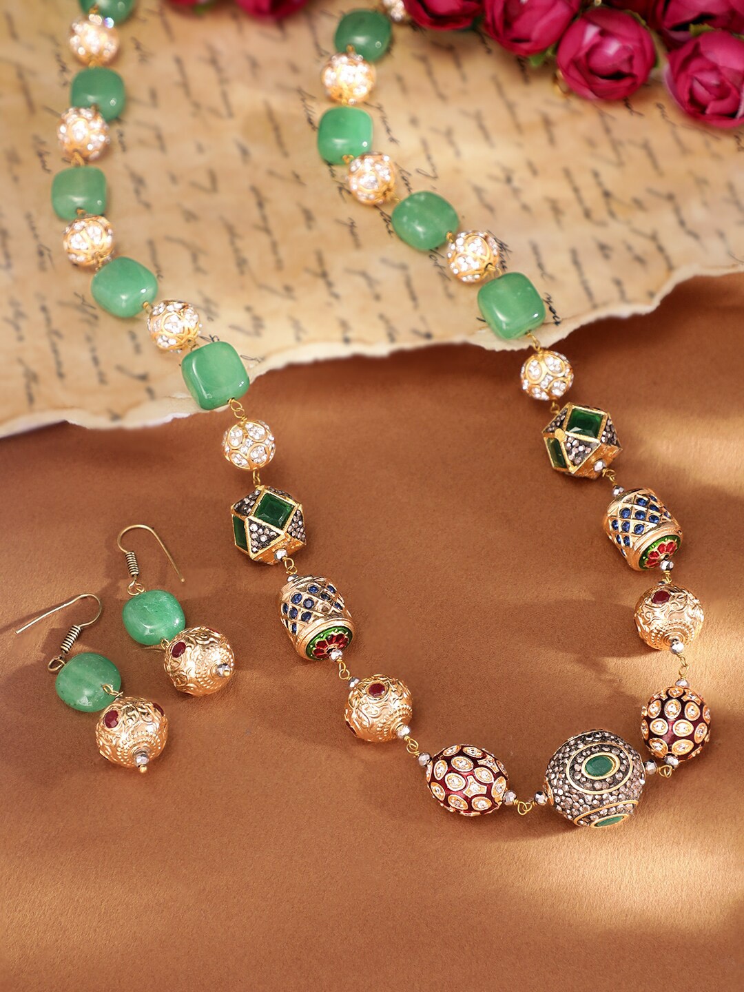 Rubans 22K Gold-Plated Green Gemstone Aventurine Beaded Zirconia Studded Necklace Set
Rubans 22K Gold-Plated Green Gemstone Aventurine Beaded Zirconia Studded Necklace Set