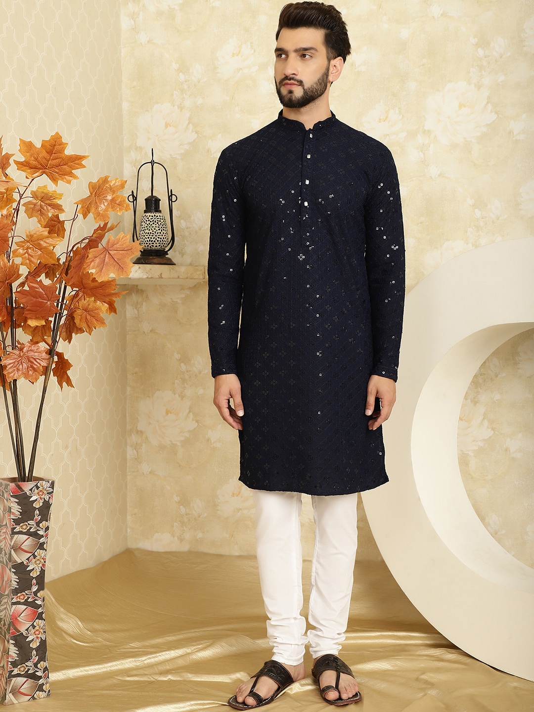 SOJANYA Ethnic Motifs Embroidered Regular Sequined Pure Cotton Kurta With Churidar, Navy blue
SOJANYA Ethnic Motifs Embroidered Regular Sequined Pure Cotton Kurta With Churidar, Navy blue