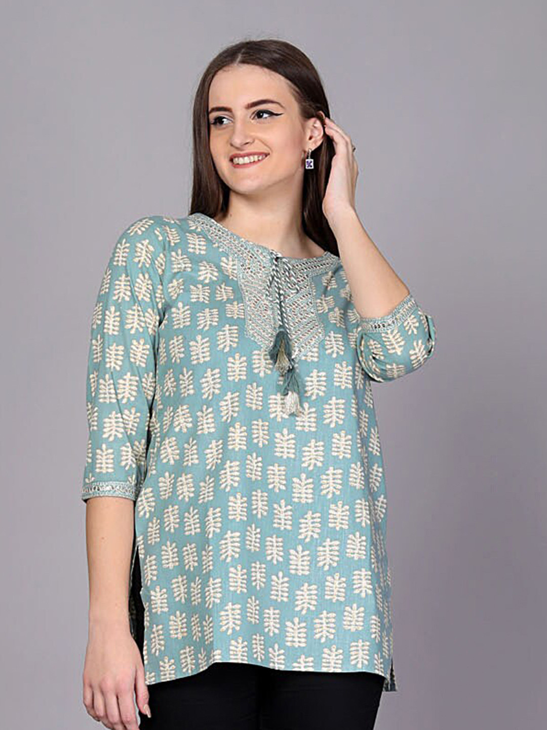 HIGHLIGHT FASHION EXPORT Ethnic Motifs Printed Tie-Up Neck Sequined Cotton Kurti, Blue 
HIGHLIGHT FASHION EXPORT Ethnic Motifs Printed Tie-Up Neck Sequined Cotton Kurti, Blue