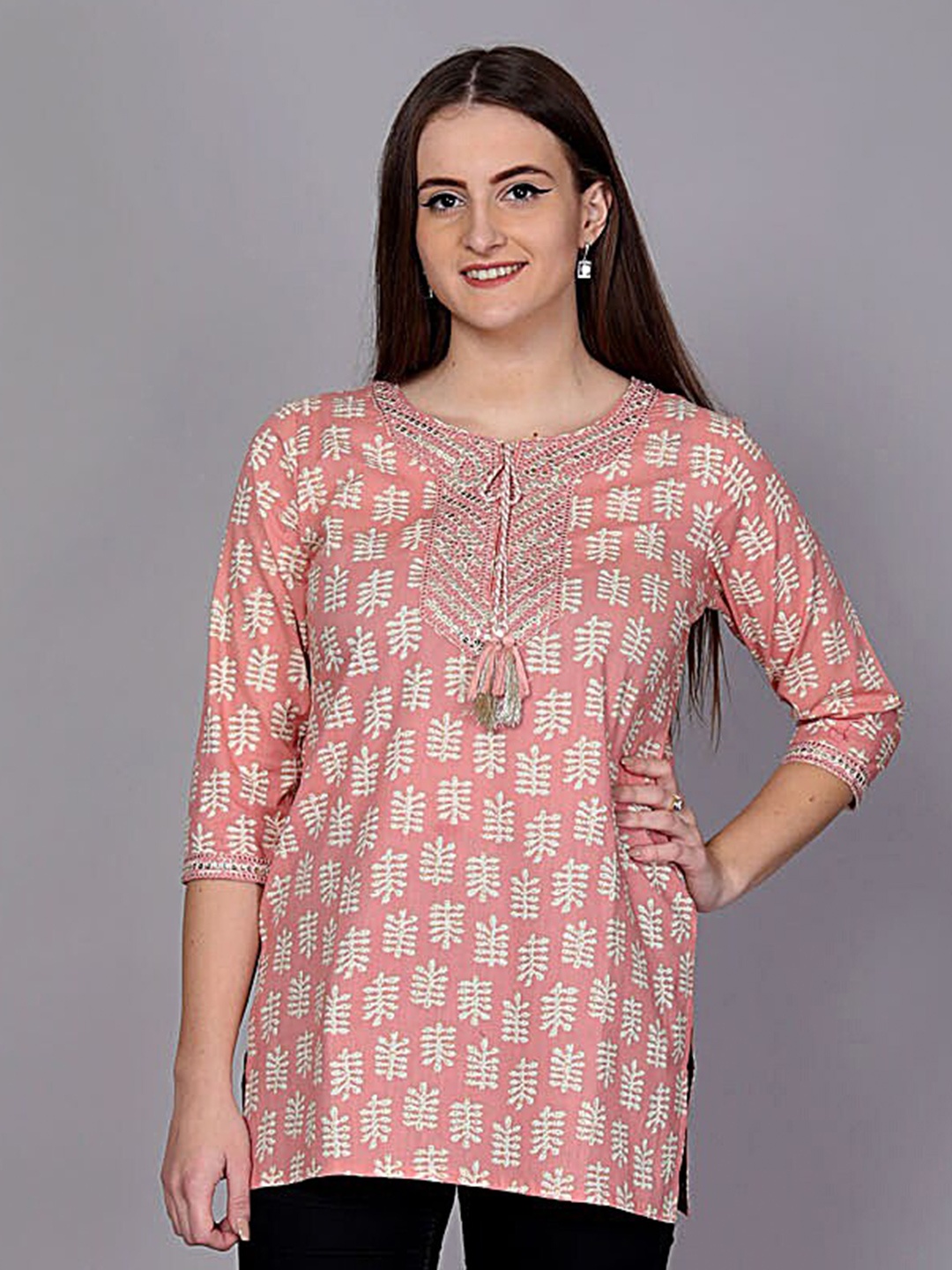 HIGHLIGHT FASHION EXPORT Ethnic Motifs Printed Tie-Up Neck Sequined Cotton Kurti, Peach
HIGHLIGHT FASHION EXPORT Ethnic Motifs Printed Tie-Up Neck Sequined Cotton Kurti, Peach