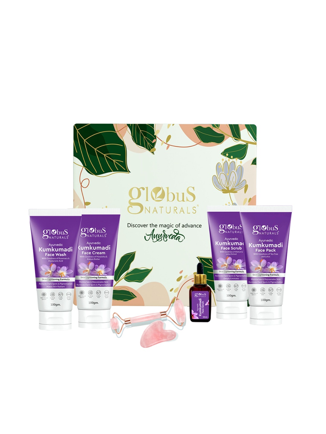 Globus naturals 6-Pcs Kumkumadi Face Wash-Cream-Scrub-Pack- Serum & Jade Roller Gift Set, Purple
Globus naturals 6-Pcs Kumkumadi Face Wash-Cream-Scrub-Pack- Serum & Jade Roller Gift Set, Purple
