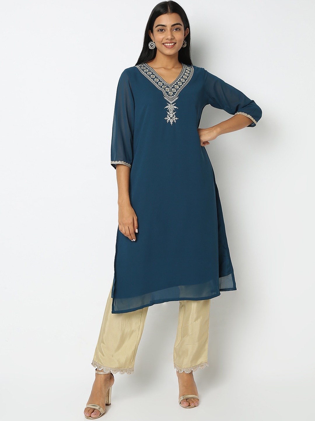 Ethnicity Floral Embroidered V-Neck Three-Quarter Sleeve Sequins Straight Kurta, Blue
Ethnicity Floral Embroidered V-Neck Three-Quarter Sleeve Sequins Straight Kurta, Blue