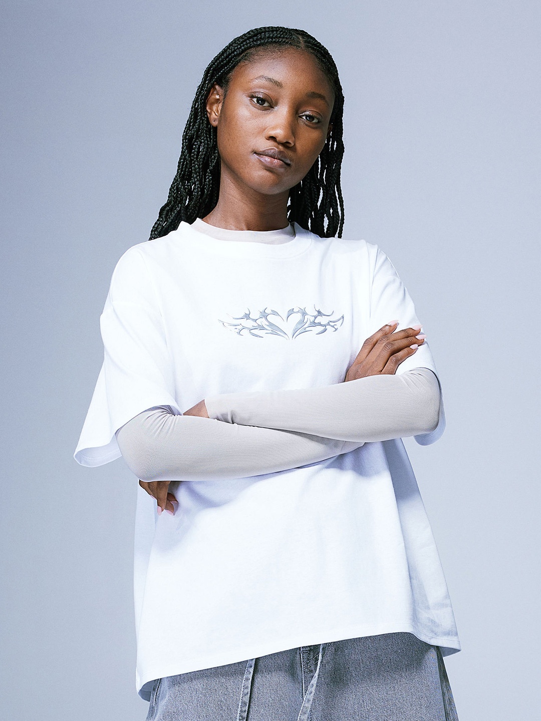 H&M Pure Cotton Oversized Printed T-Shirt, White