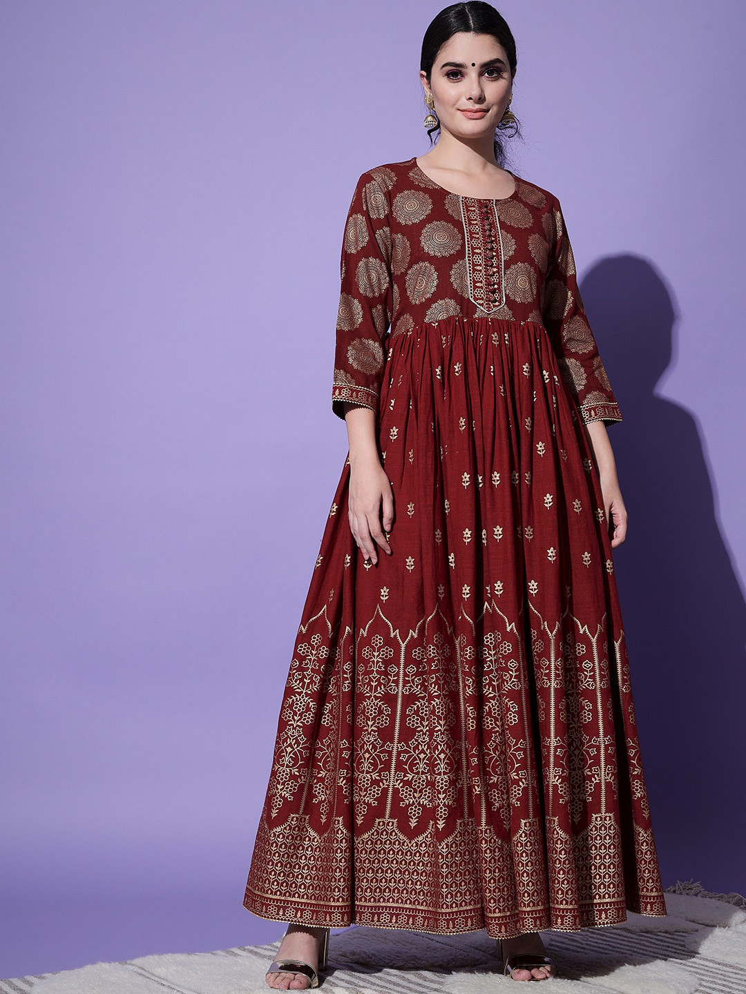 KALINI Ethnic Motifs Printed Gathered Detailed Maxi Ethnic Dress, Maroon 
KALINI Ethnic Motifs Printed Gathered Detailed Maxi Ethnic Dress, Maroon