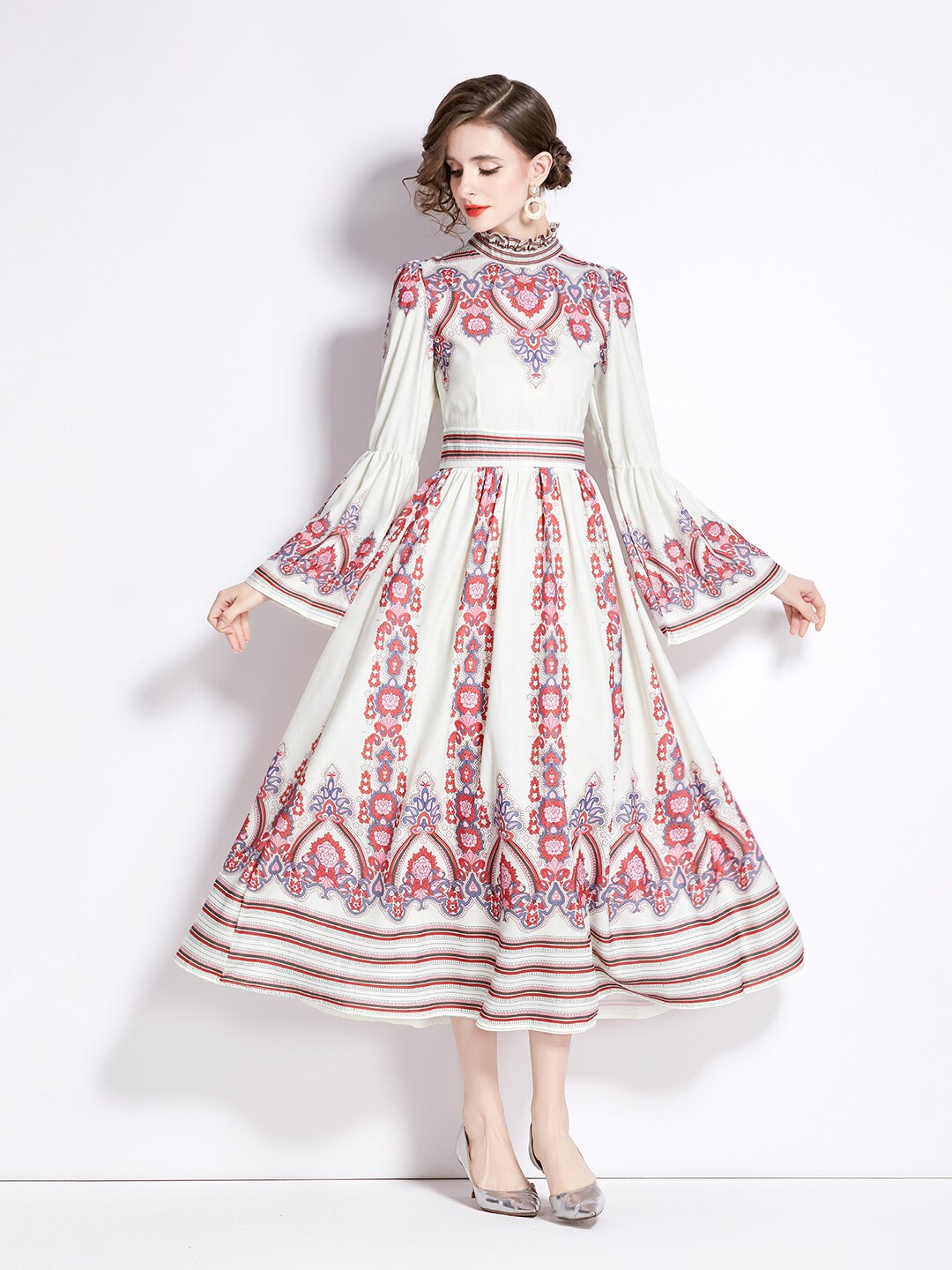 JC Collection Ethnic Motifs Printed High Neck Bell Sleeves Fit & Flare Dress, White
JC Collection Ethnic Motifs Printed High Neck Bell Sleeves Fit & Flare Dress, White