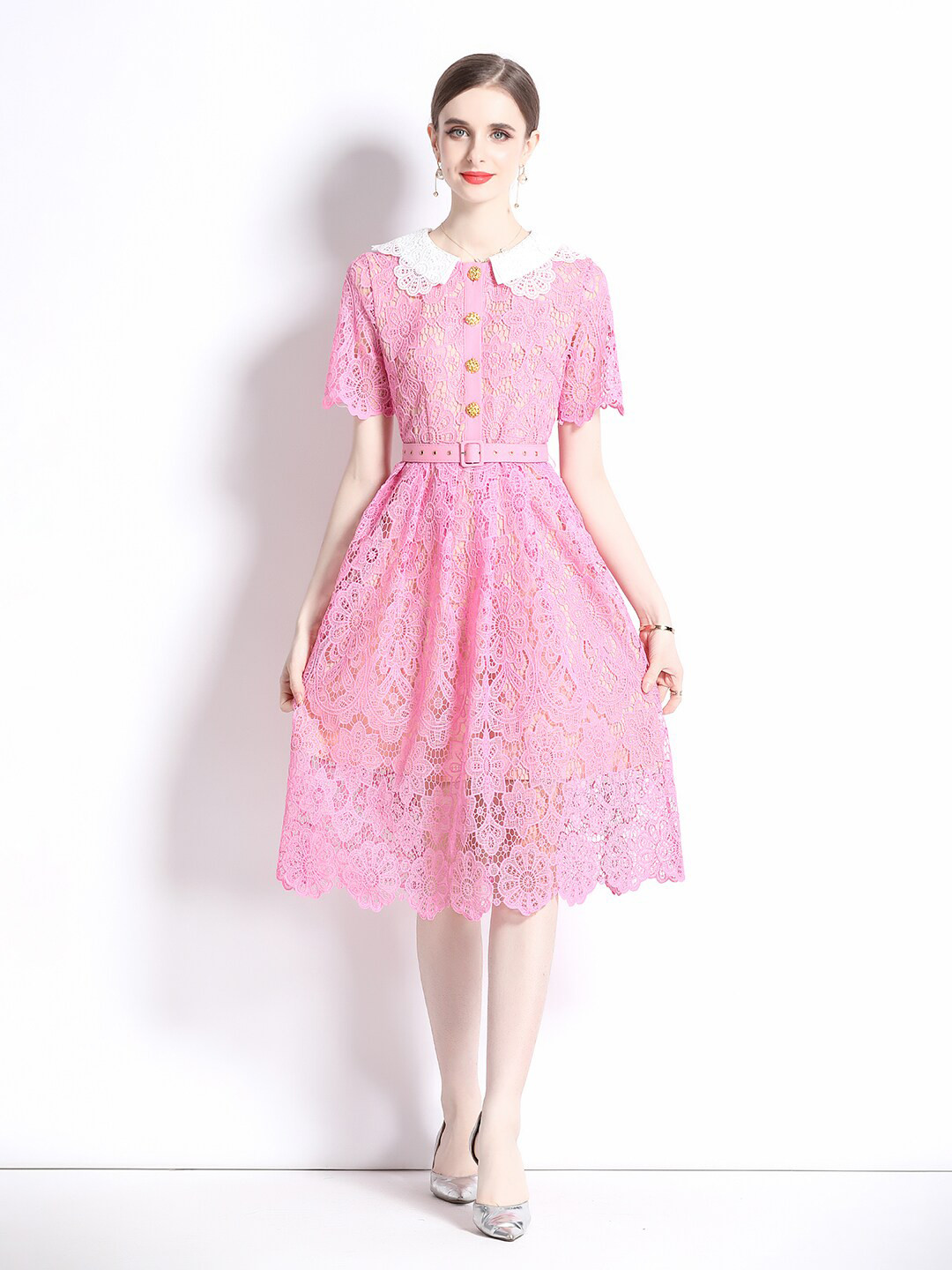 JC Collection Self Design Shirt Collar Belted Fit & Flare Dress, Pink 
JC Collection Self Design Shirt Collar Belted Fit & Flare Dress, Pink