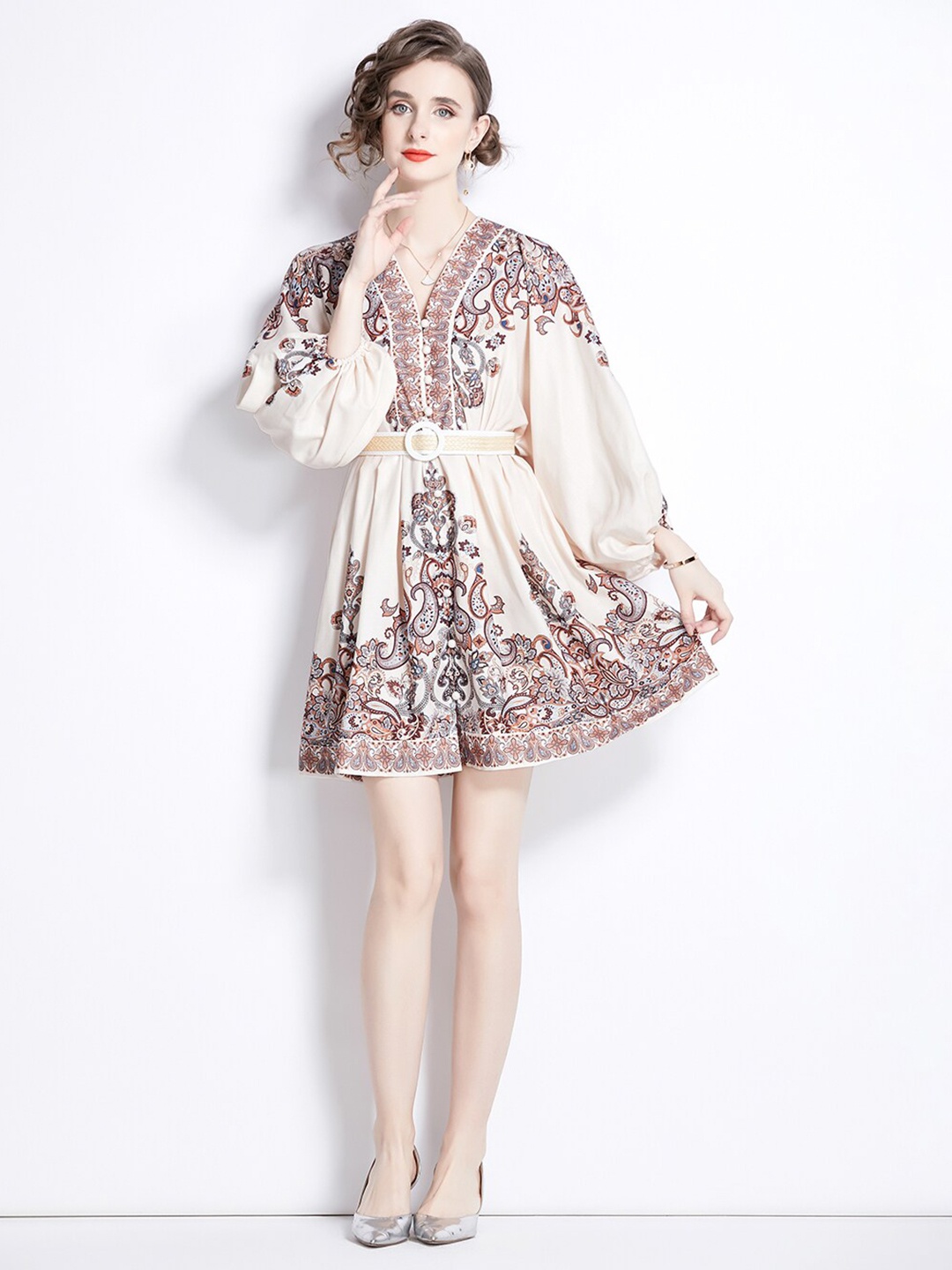 JC Collection Ethnic Motifs Printed V-Neck Puff Sleeves Belted Fit & Flare Mini Dress, Beige
JC Collection Ethnic Motifs Printed V-Neck Puff Sleeves Belted Fit & Flare Mini Dress, Beige