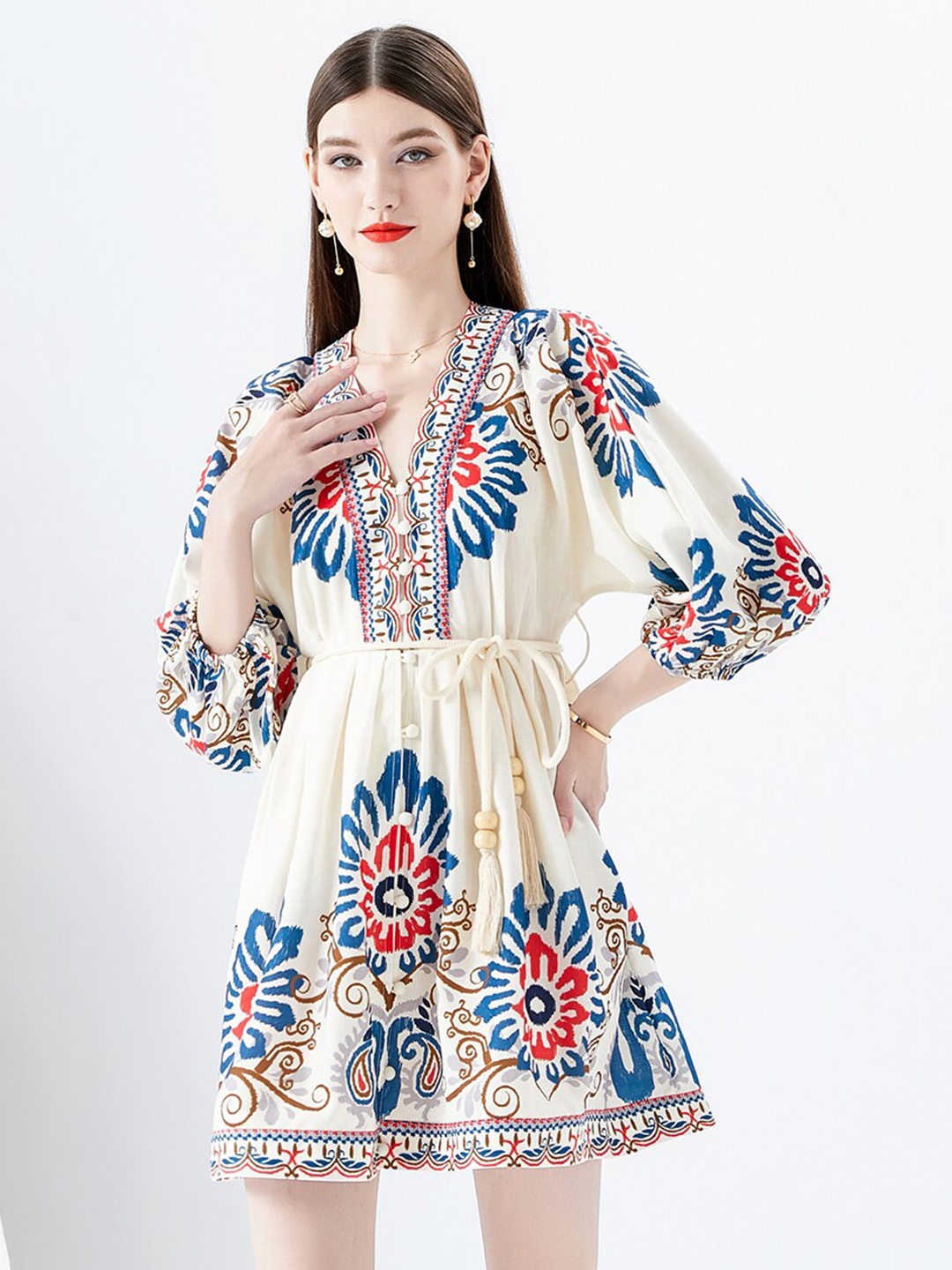 JC Collection Ethnic Motifs Printed V-Neck Puff Sleeves Belted Fit & Flare Mini Dress, Beige
JC Collection Ethnic Motifs Printed V-Neck Puff Sleeves Belted Fit & Flare Mini Dress, Beige