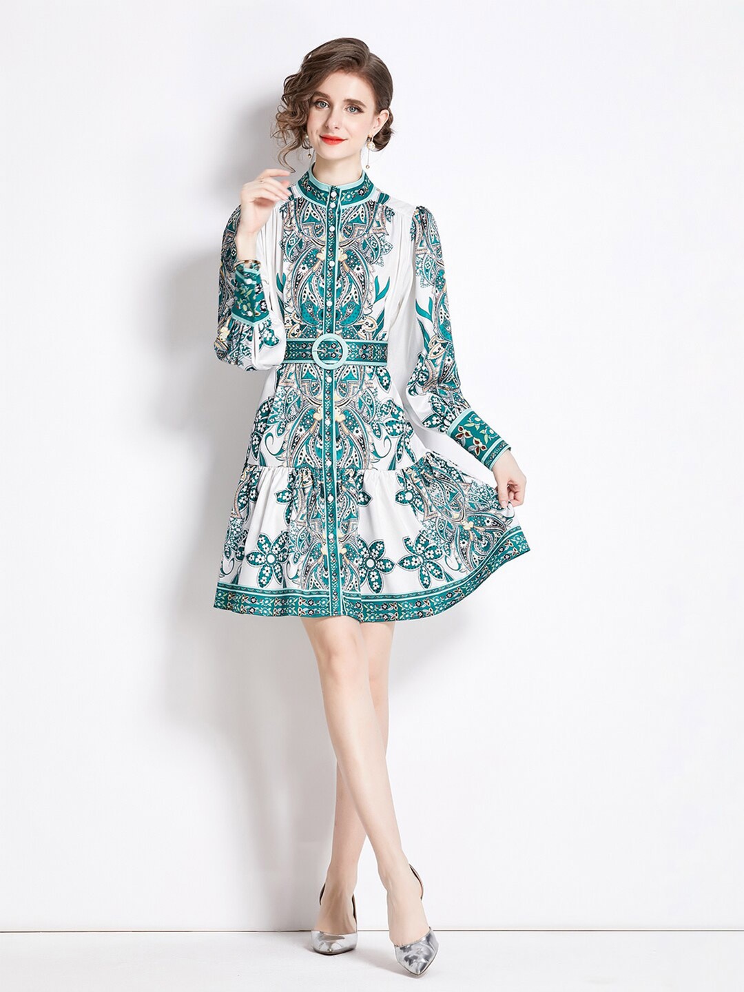 JC Collection Ethnic Motifs Printed High Neck Puff Sleeve Pleated Fit & flare Dress, White
JC Collection Ethnic Motifs Printed High Neck Puff Sleeve Pleated Fit & flare Dress, White