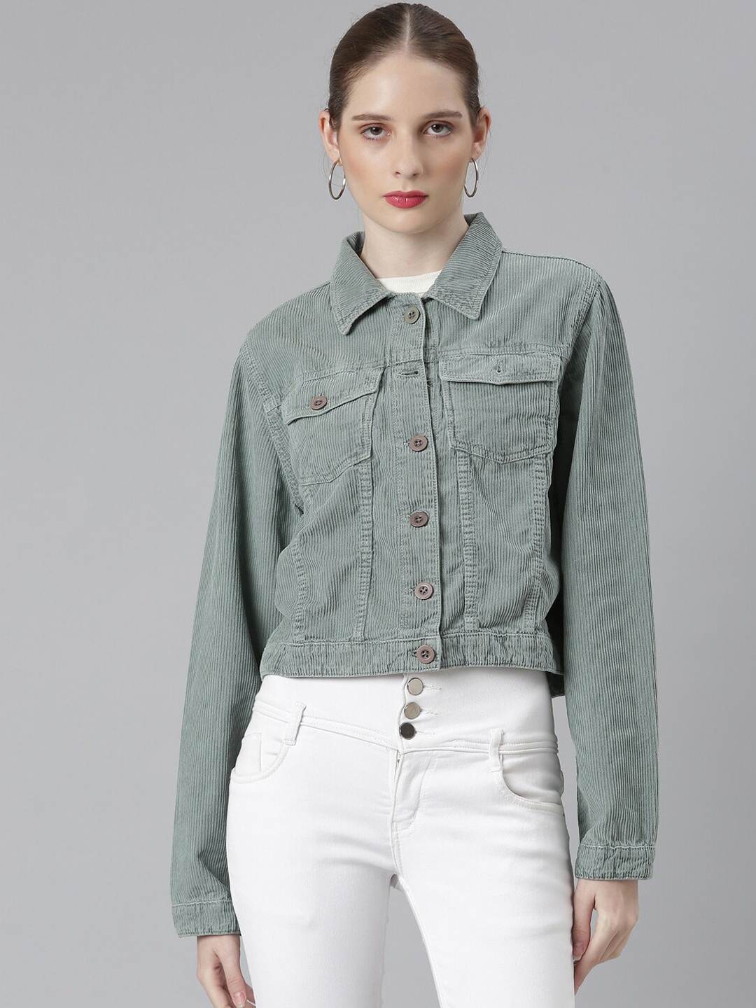 SHOWOFF Windcheater Spread Collar Crop Corduroy Denim Jacket, Sea green
SHOWOFF Windcheater Spread Collar Crop Corduroy Denim Jacket, Sea green