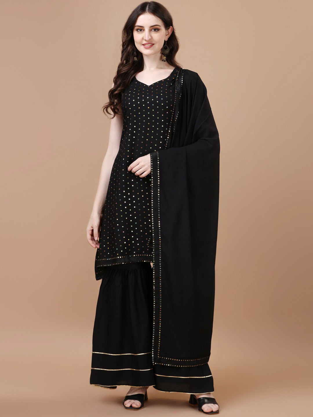 KALINI Ethnic Motifs Embroidered Sequinned Detail Straight Kurta & Sharara With Dupatta, Black 
KALINI Ethnic Motifs Embroidered Sequinned Detail Straight Kurta & Sharara With Dupatta, Black