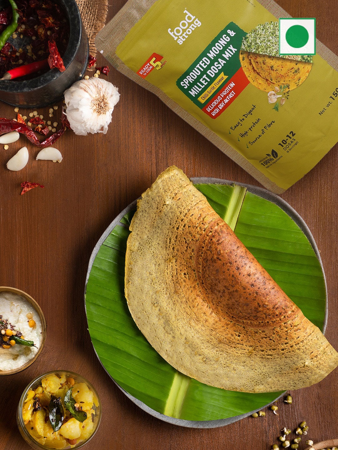 Foodstrong Set Of 3 Chilli Garlic Flavour Sprouted Moong Dal Dosa Mix 150 gm each, Olive
Foodstrong Set Of 3 Chilli Garlic Flavour Sprouted Moong Dal Dosa Mix 150 gm each, Olive