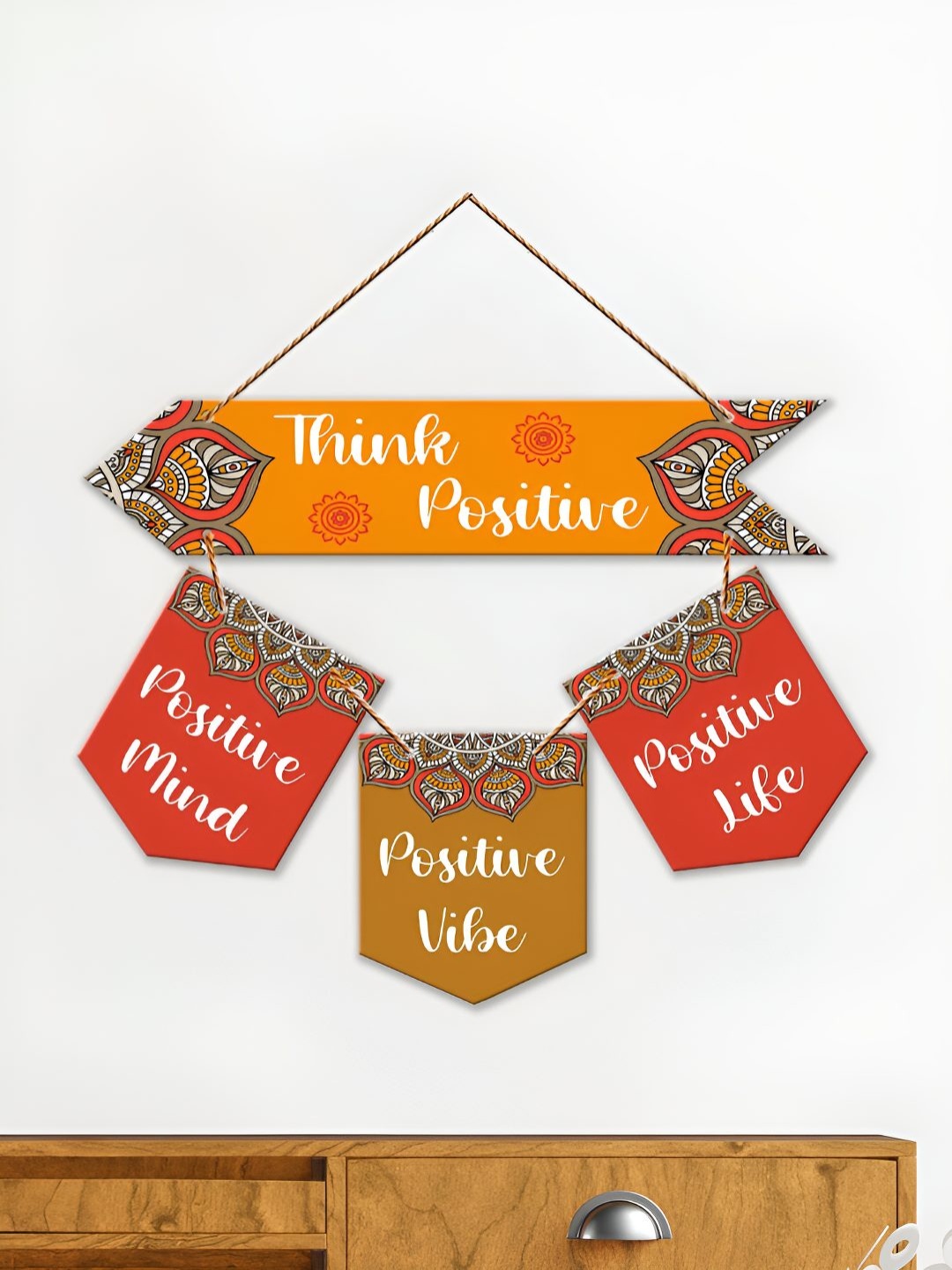 ArtVibes Red & Orange Think Positive Printed Wooden Wall Hanging