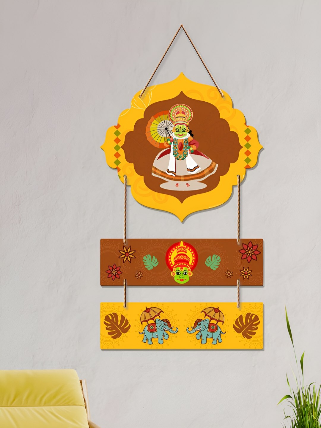 ArtVibes Brown & Yellow Kathakali Dance Painted Wooden Wall Hanging