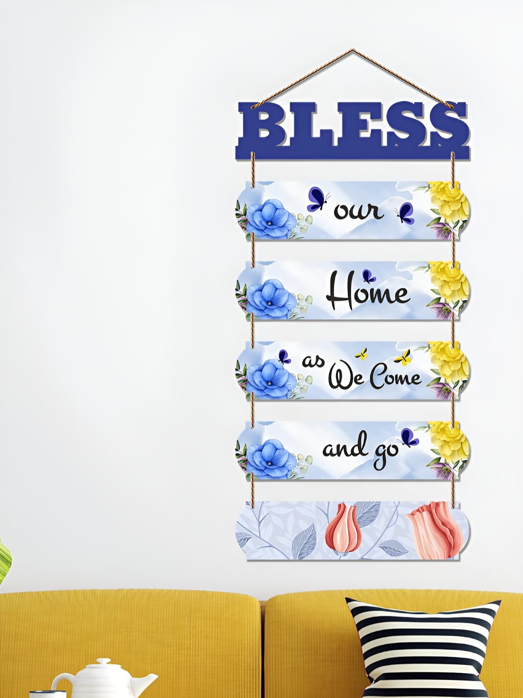 ArtVibes Blue & White Bless Our Home Printed Hanging Wall Decor
