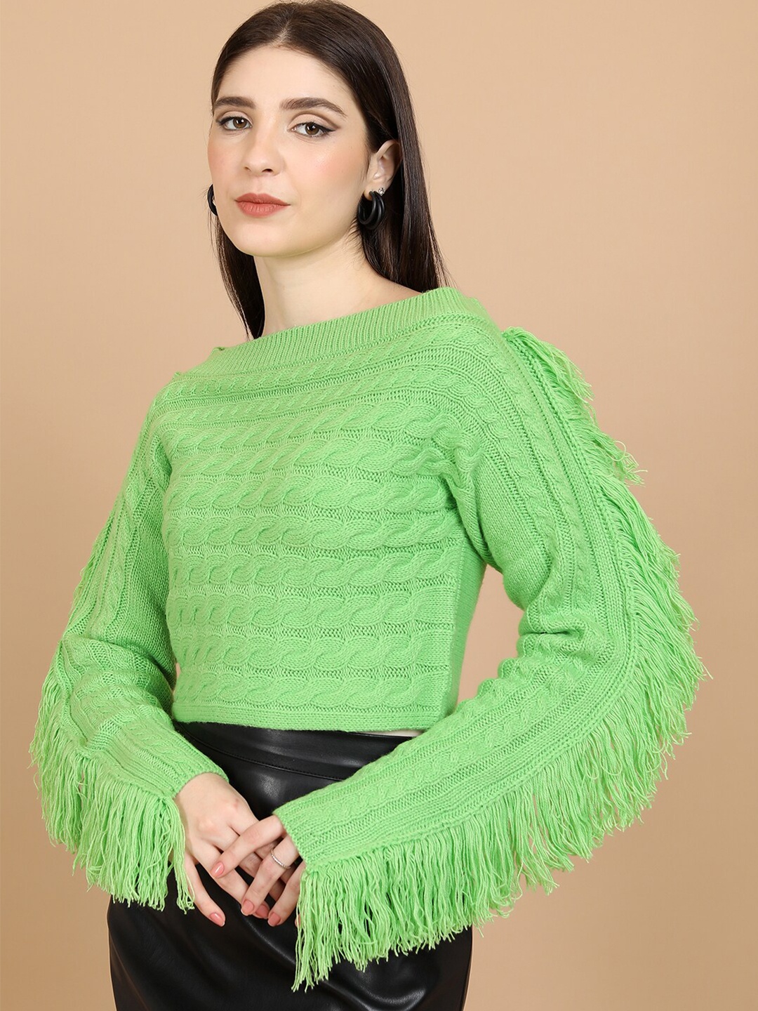 Tokyo Talkies Green Cable Knit Self Design Boat Neck Fringed Acrylic Crop Pullover Sweater
Tokyo Talkies Green Cable Knit Self Design Boat Neck Fringed Acrylic Crop Pullover Sweater