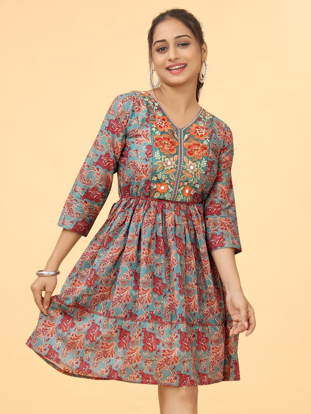 PEACH PIPER Ethnic Motifs Printed Embroidered V-Neck Cotton Fit & Flare Dress, Blue
PEACH PIPER Ethnic Motifs Printed Embroidered V-Neck Cotton Fit & Flare Dress, Blue
